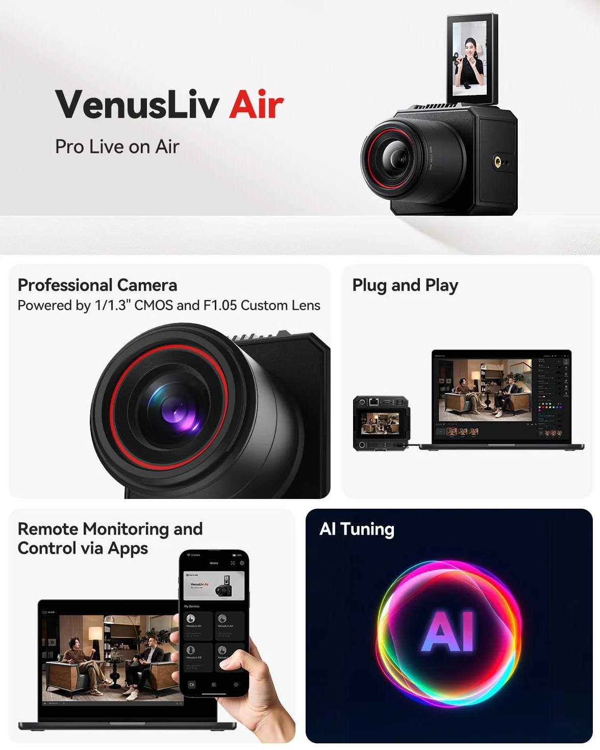 Hollyland VenusLiv Air Live Streaming Camera, sensore CMOS da 1/1.3" / lente personalizzata F1.05, 4K30p / UVC/uscita video HDMI, progettata per streaming 24/7