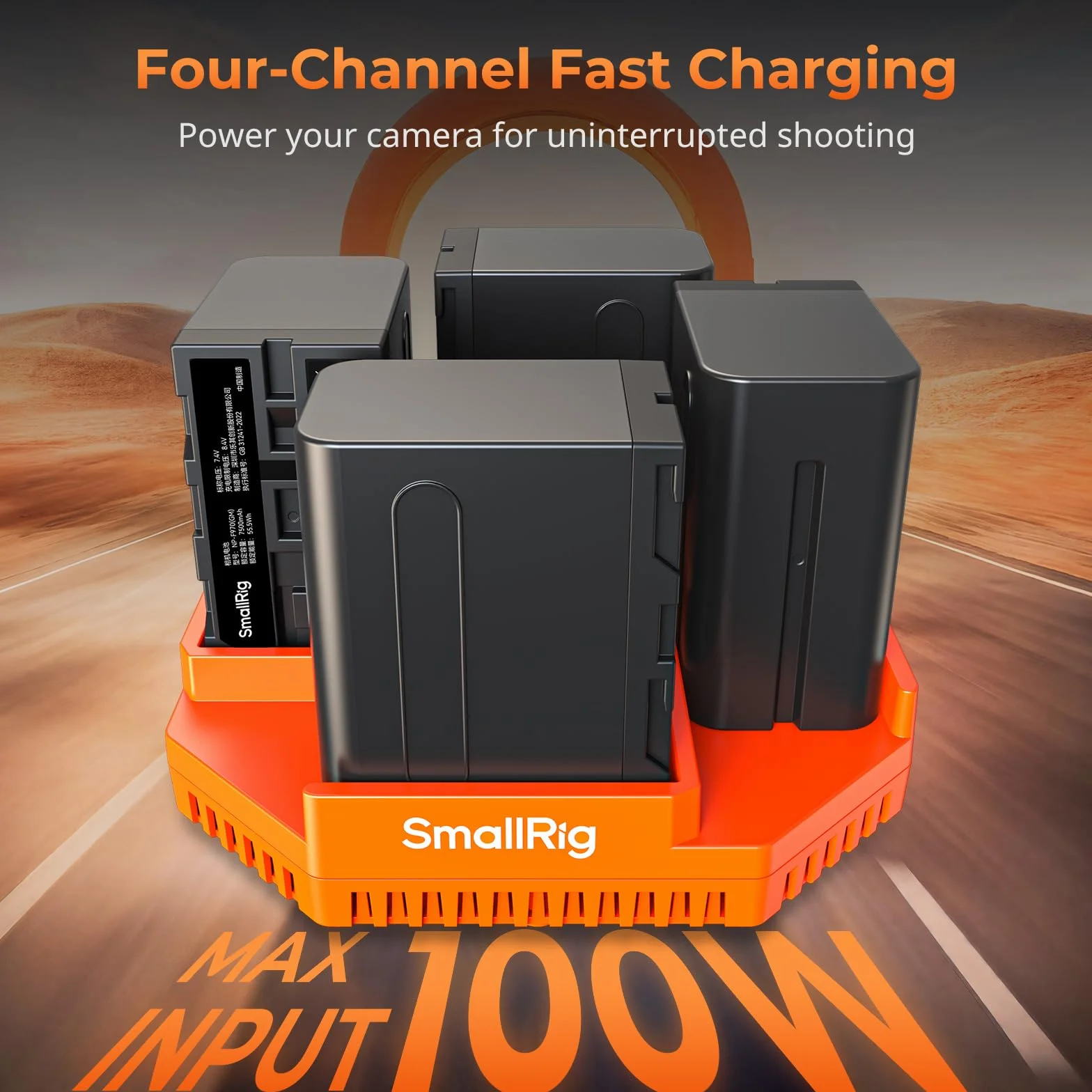 SMALLRIG Caricabatterie per Fotocamera a 4 Canali, con Ricarica Rapida PD100W, Display OLED, Caricabatterie Compatto NP-F per Sony NP-F970, NP-F750, NP-F550, NP-F570, Arancia - 4837