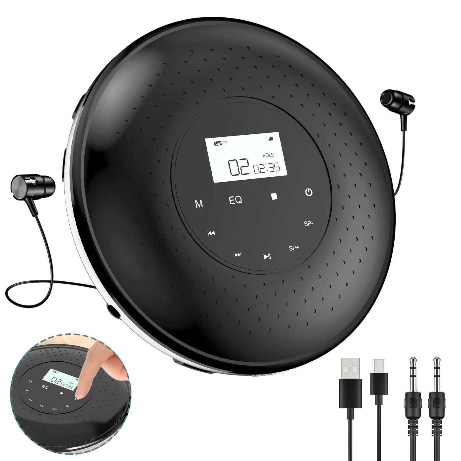 Qoosea Lettore CD Portatile con Pulsante di Tocco 1000mAh Ricaricabile per la Casa con Cuffie Giocatori CD Personali Walkman con Schermo LCD Porta USB AUX per i Bambini dell'automobile