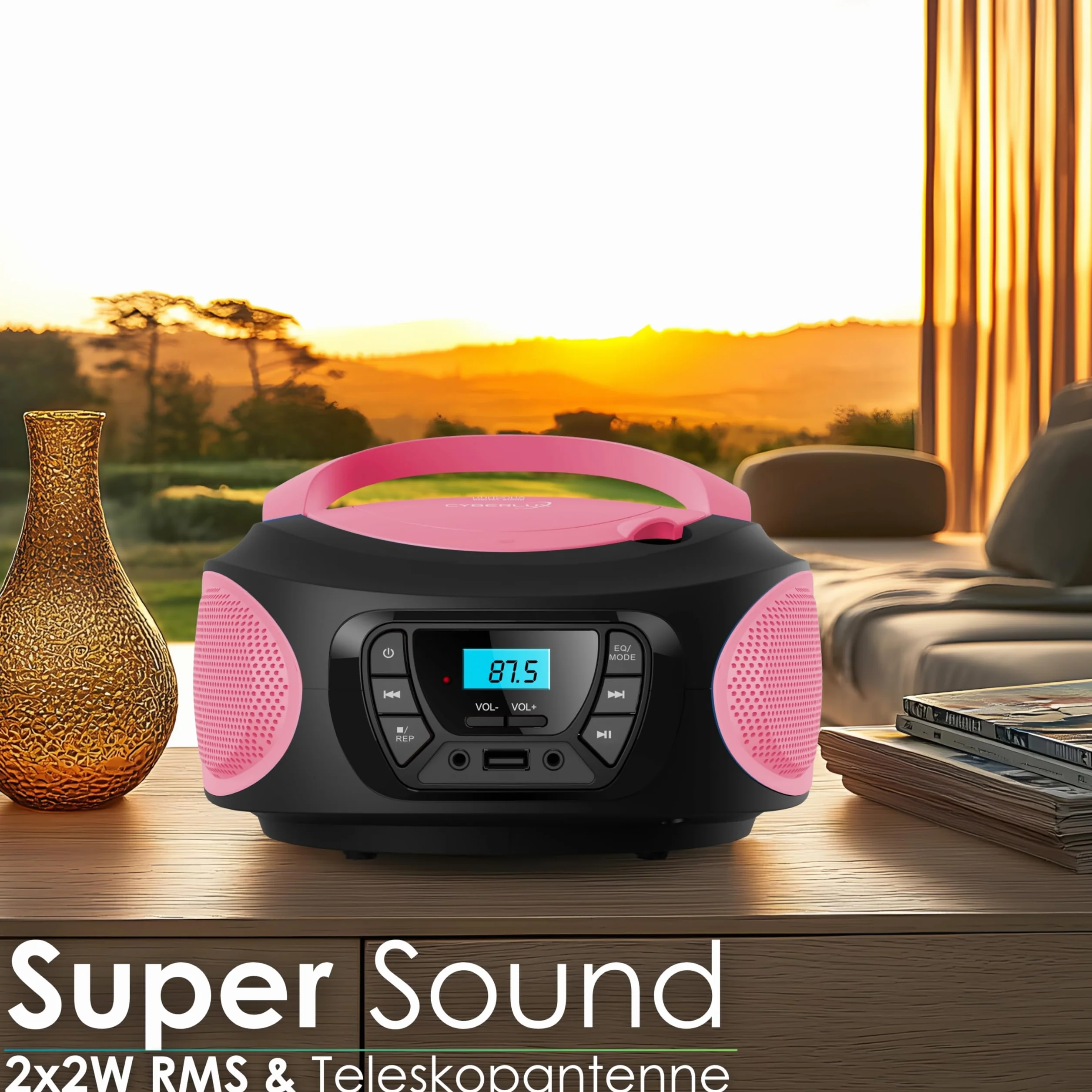 Boombox Lettore Portatile Radio FM con CD, USB e Ingresso AUX-IN, Presa per Cuffie - Sistema Stereo Compatto - Rosa Brillante (Pretty Pink)