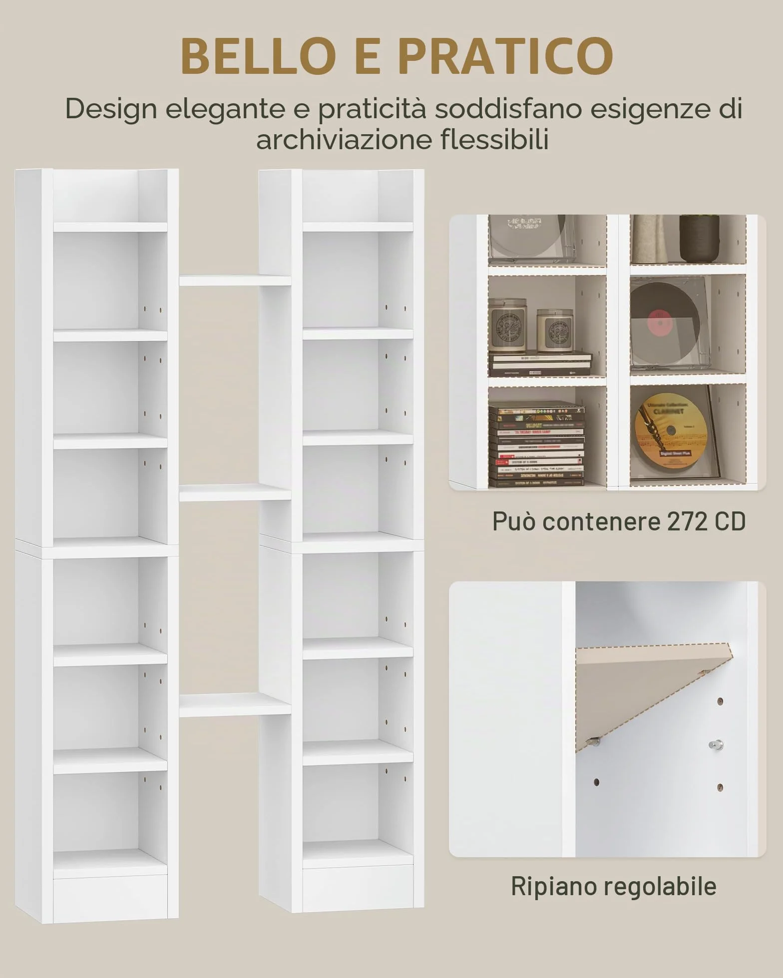Hzuaneri Porta CD DVD a Colonna, 272 CD, 14 Ripiani Regolabili, Supporto di Archiviazione, 17 x 20 x 213 cm, Mobile Libreria Alto Salvaspazio per Soggiorno, Studio, Bianco CR21403XV1