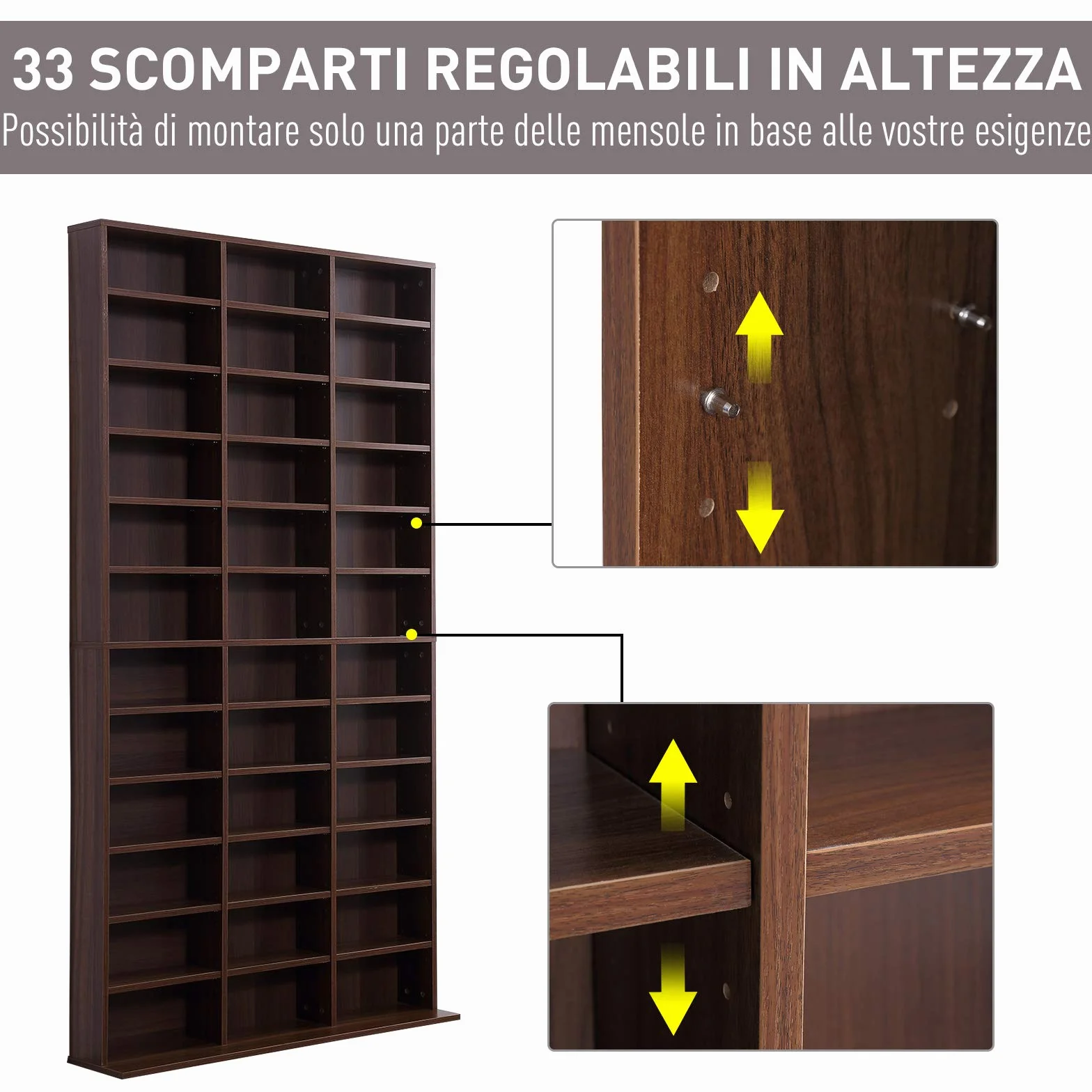 HOMCOM Mobile Porta CD con Ripiani Regolabili, Scaffale Porta 1116CD/528DVD Salvaspazio in Legno, Mobile Portacd con 36 Scomparti, per Soggiorno, Camera da Letto, Ufficio, 102x23.5x195 cm, Marrone