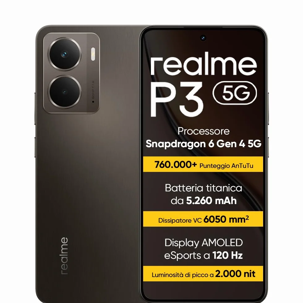 realme P3 5G Smartphone 12+512 GB, Processore Snapdragon 6 Gen 4 5G, Batteria titanica da 5260mAh,Ricarica rapida da 45W, AMOLED da 120 Hz, Luminosità di picco a 2.000 nit, IP69, Grigio rr
