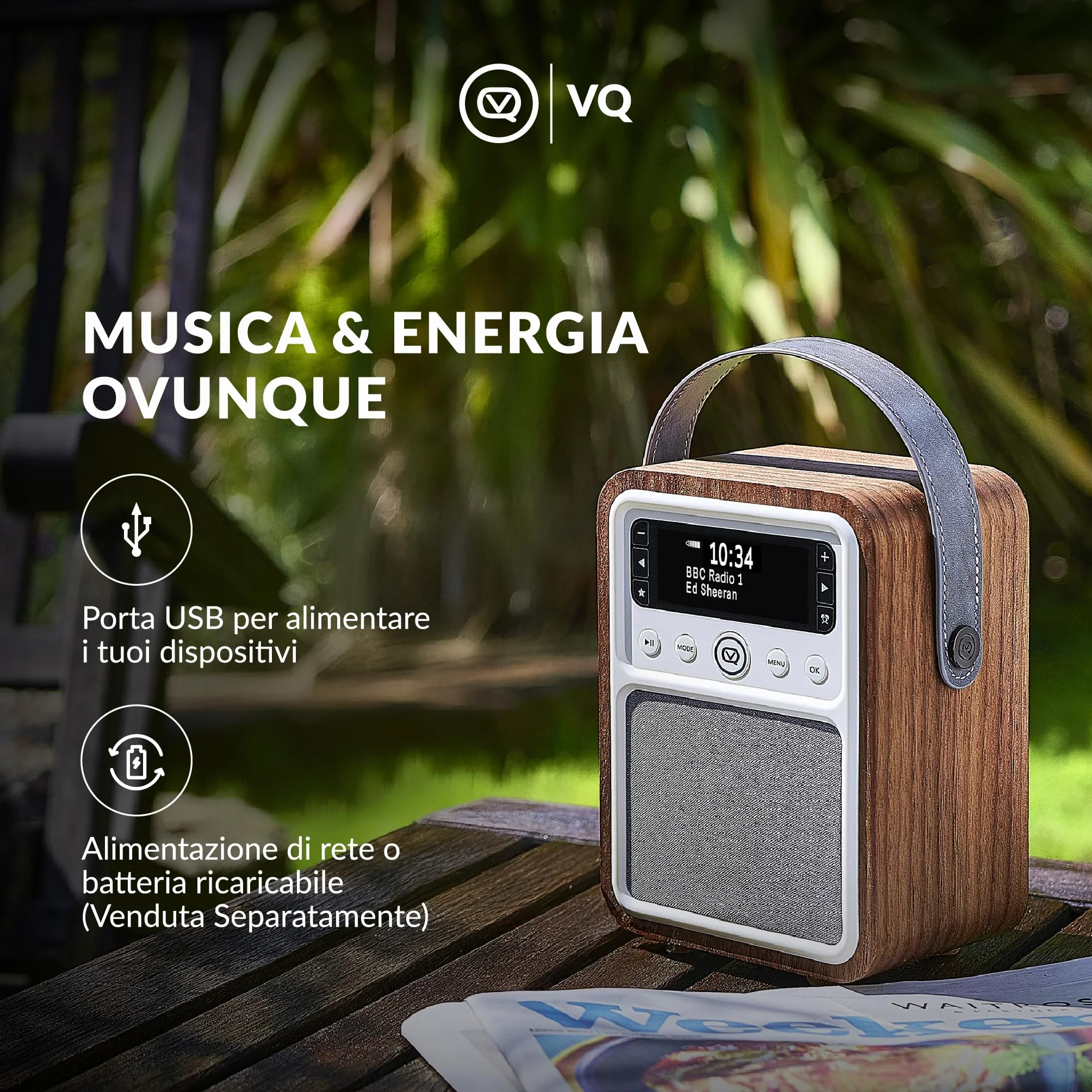 VQ Monty Radio DAB Plus/DAB con Cassa Bluetooth, FM e Radio Sveglia Funzione - Alimentata da Rete e Batteria Radio Portatile Vintage con Antenna, Presa Cuffie e Porta USB - Noce