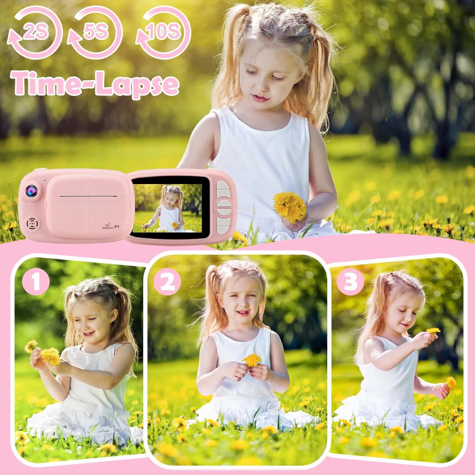 GlobalCrown Macchina Fotografica bambini Istantanea,Fotocamera Istantanea per bambini Video Fotocamera digitale 3,5 Pollici Schermo regali per 3-12 anni (incluso 4 rotoli carta di stampa e 32GB Card)