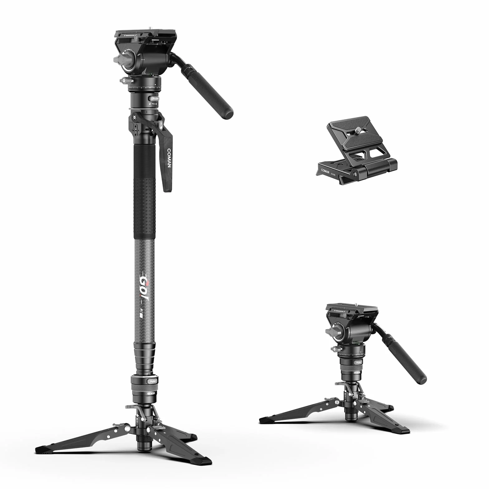 COMAN Monopiede in fibra di carbonio con sollevamento a un pulsante, 175 cm con gambe, treppiede da viaggio leggero con piastra a sgancio rapido per fotocamera, capacità di carico massima 10 kg
