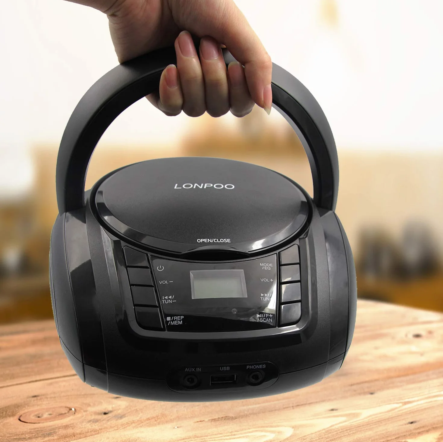 Lettore CD Portatile LONPOO Boombox Stereo Bluetooth con Altoparlanti Integrati, Ingresso USB, AUX, Uscita Cuffie (Black)