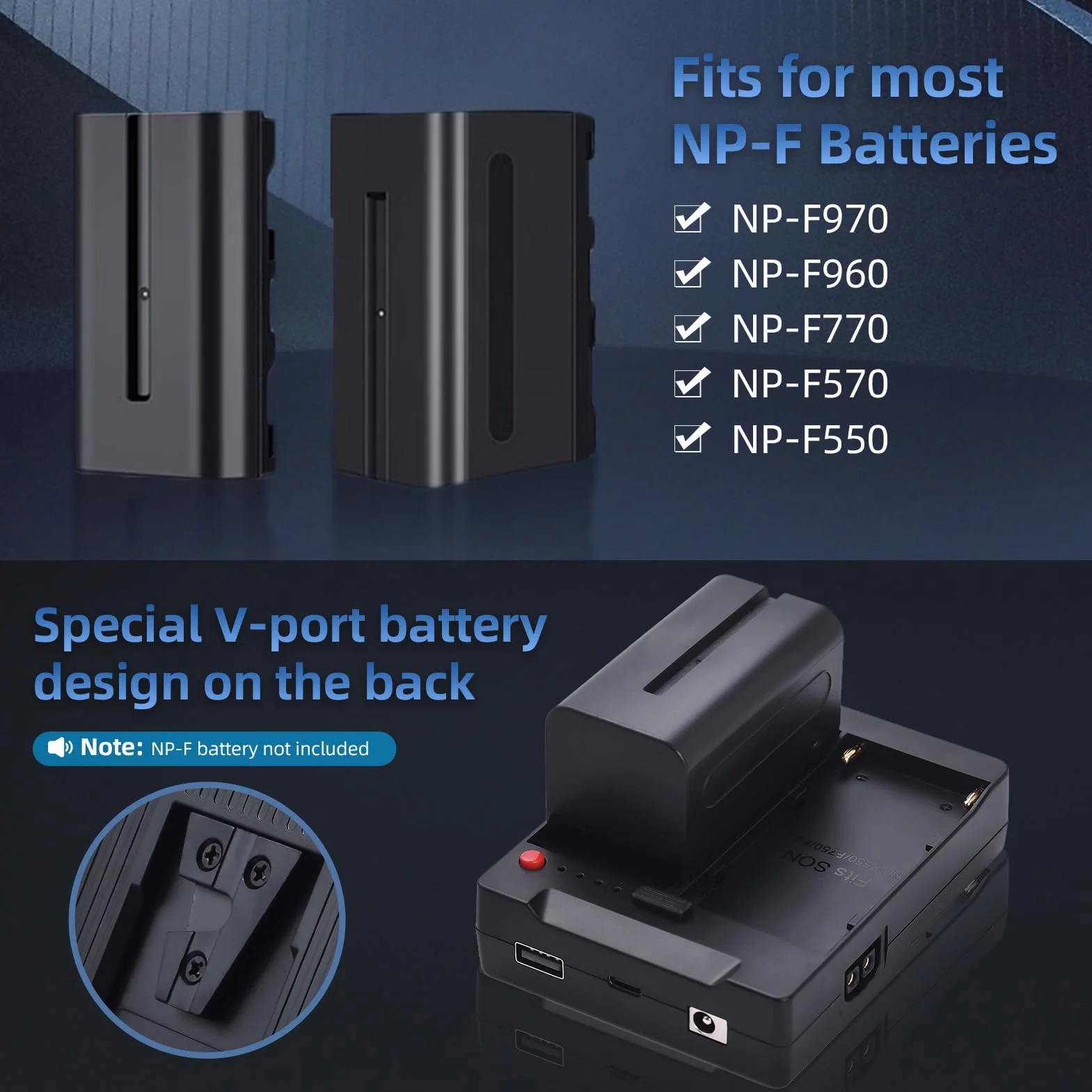 Andoer NP-F970 F750 F550 - Piastra per batteria a V-Lock V-Mount con uscite USB-A/Type-C/DC/D-TAP