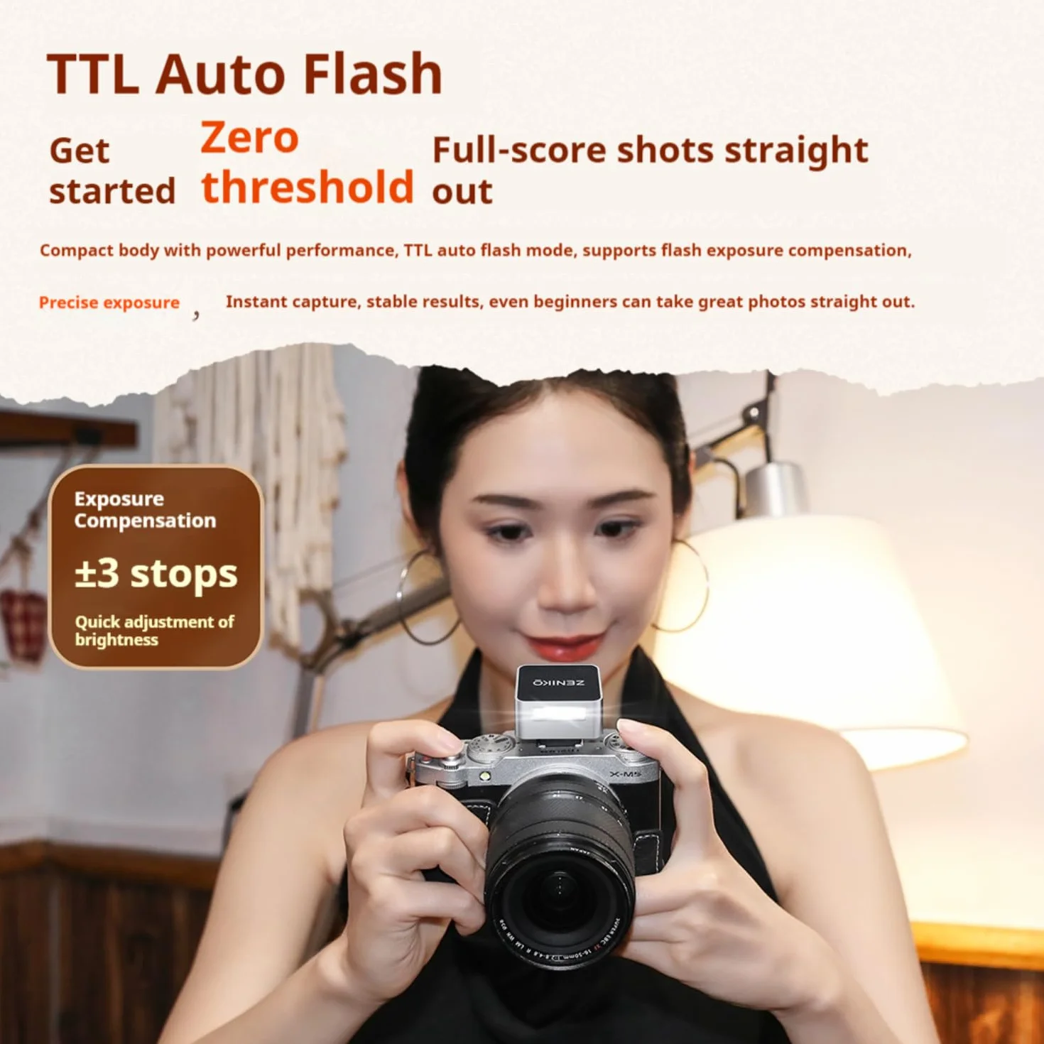 ZENIKO ZT08 F - Mini flash TTL per fotocamere Fuji da 47 g, ricarica USB-C, grandangolo da 28 mm, design retrò con display OLED, 740 flash completo, compatto e facile da viaggiare (argento)