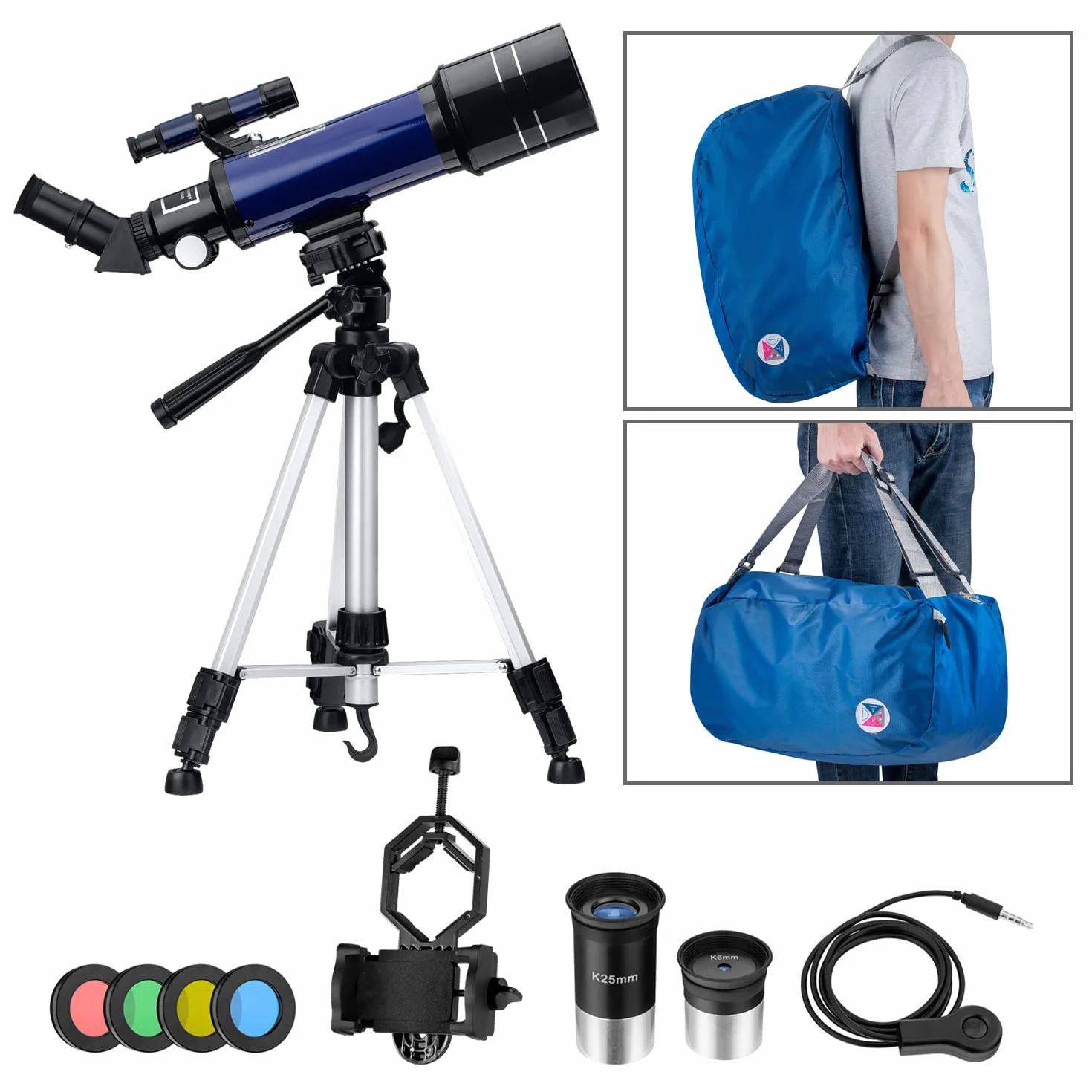 Telescopio Astronomico 70/400 per Bambini e Adulti Principianti, Riflettore con Treppiede Regolabile, Adattatore Smartphone, Oculari K6mm K25mm, Filtri Lunari, Zaino Portatile