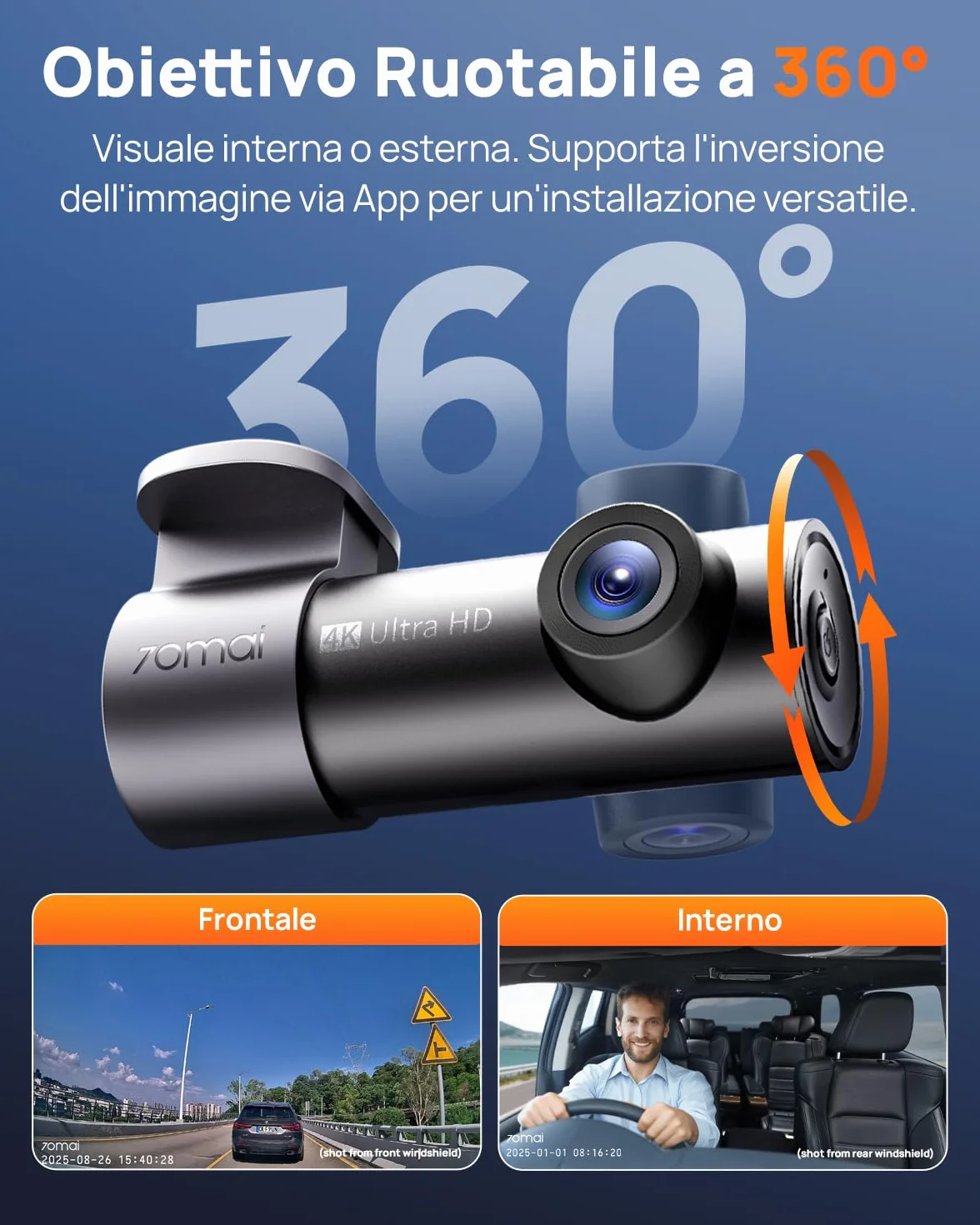 70mai Dash Cam Auto M310 Plus 4K, 2160P Mini Dashcam, Visione Notturna, WDR, Grandangolo, Sensore G, Registrazione In Loop, Controllo App