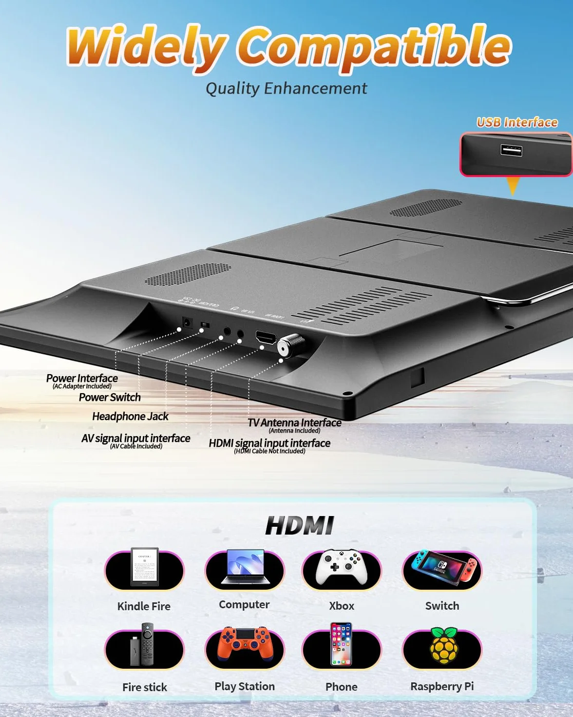 Desobry TV portatile 19 pollici 1080P DVB-T2 HDMI AV USB 12volt