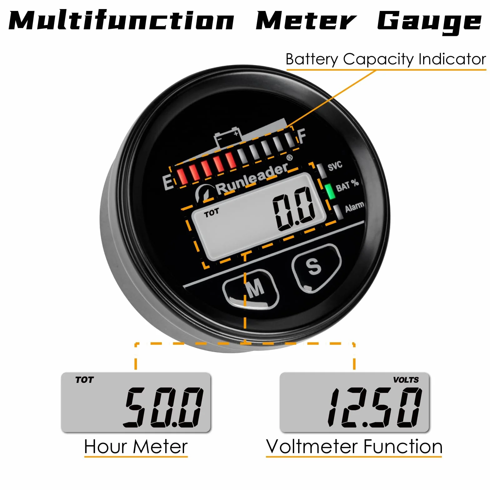 Indicatore del Livello di Carica della Batteria 12V 24V 36V 48V Contaore Misuratore di Tensione per Batterie al Piombo Gel LiFeO4 AGM