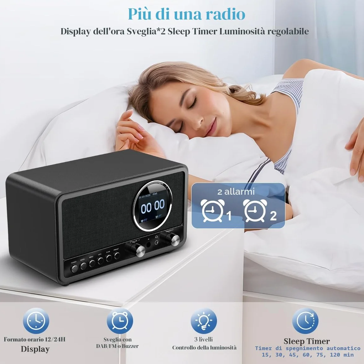 Radio Digitale DAB+/FM Bluetooth con Telecomando e Allarme Doppio, USB/AUX, 30 Stazioni