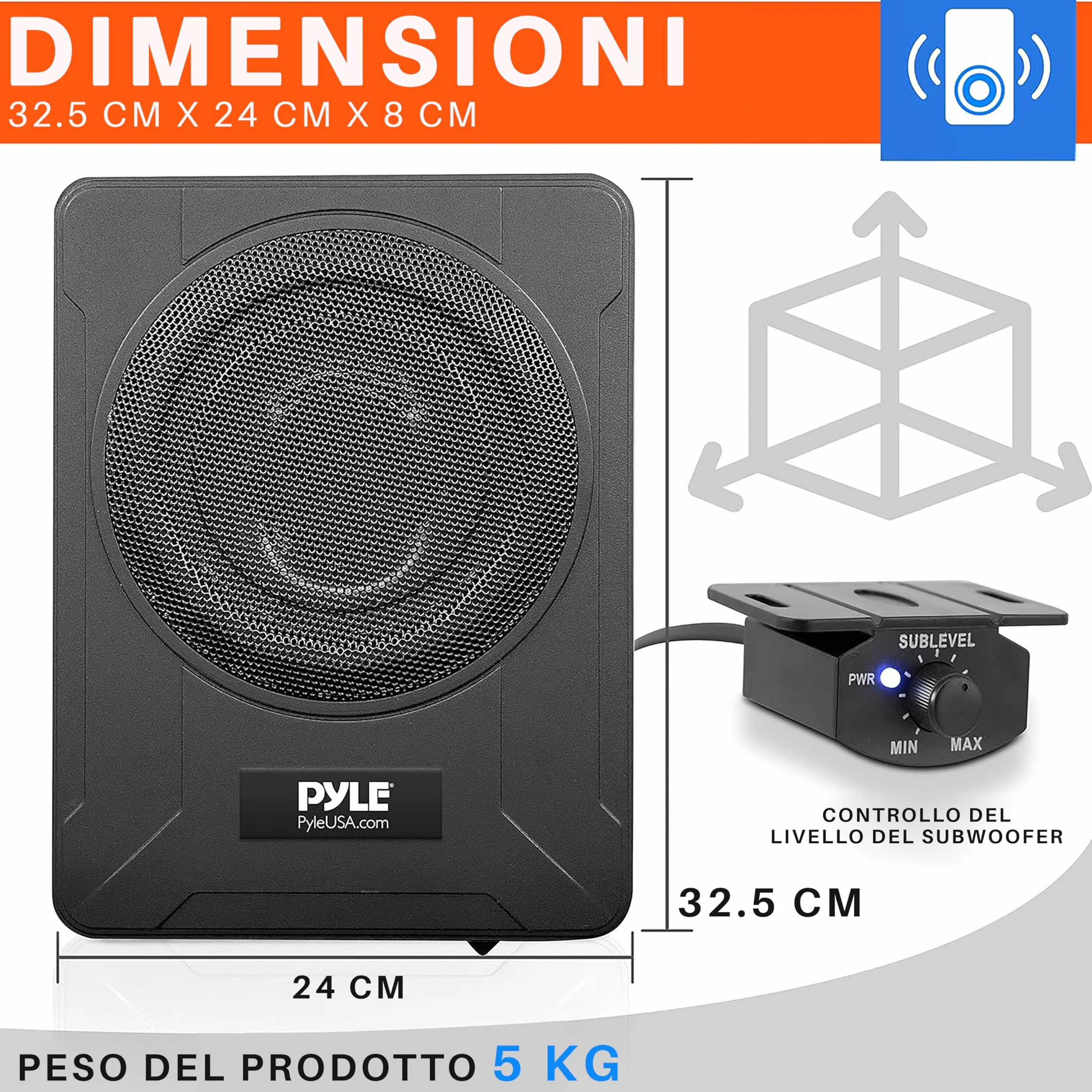 Pyle Subwoofer Amplificato da 20 Centimetri per Casse Auto, 600 Watt, Compatto e Attivo, Sottosella con Amplificatore Integrato, Nero