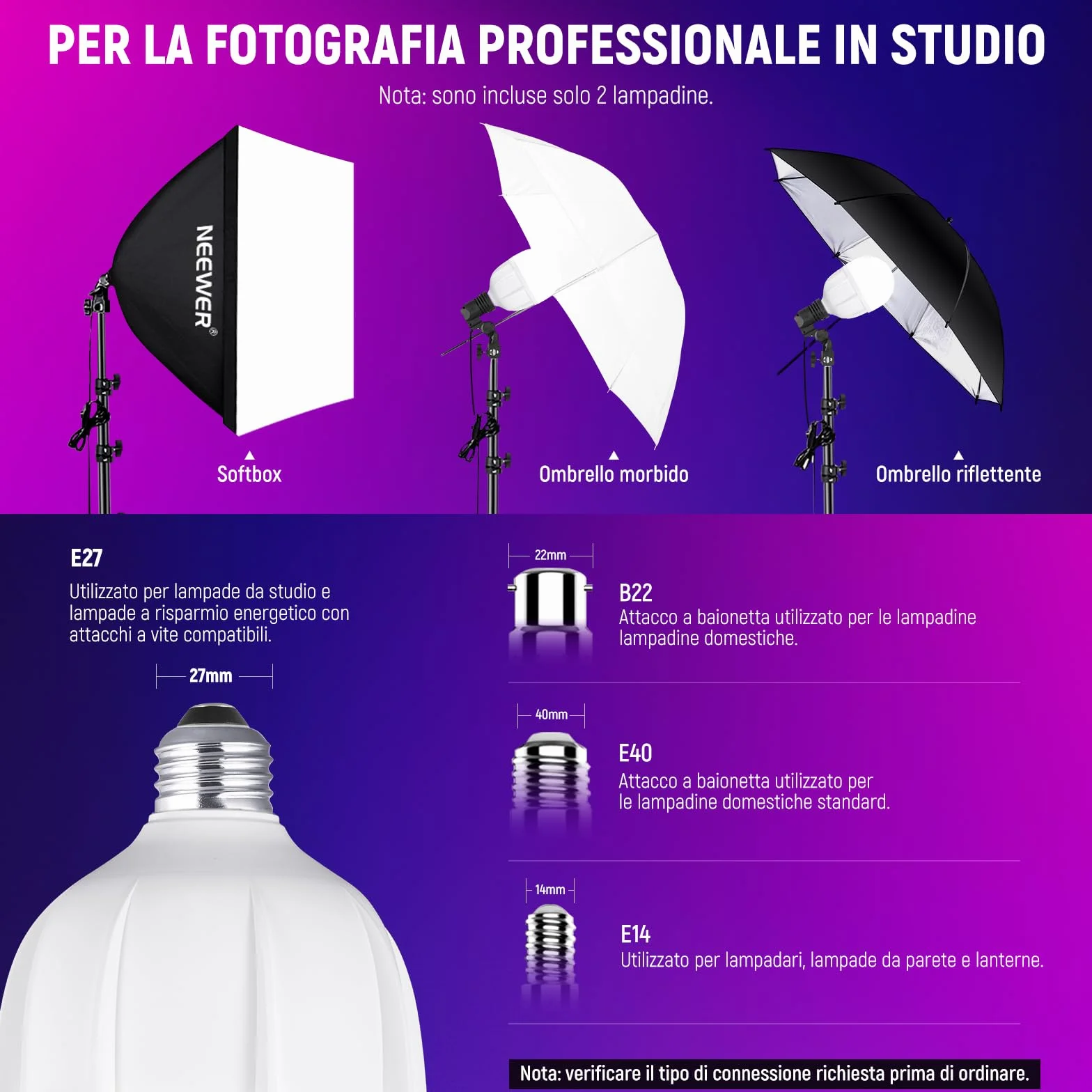 NEEWER Lampadina LED RGB per Fotografia, Confezione da 2, Controllo App, Lampadina LED 26W con 9 Effetti, 400lux/m 2700K-6500K CRI93+ TLCI98+, Base E26 per Kit di Illuminazione Softbox Studio, T100C