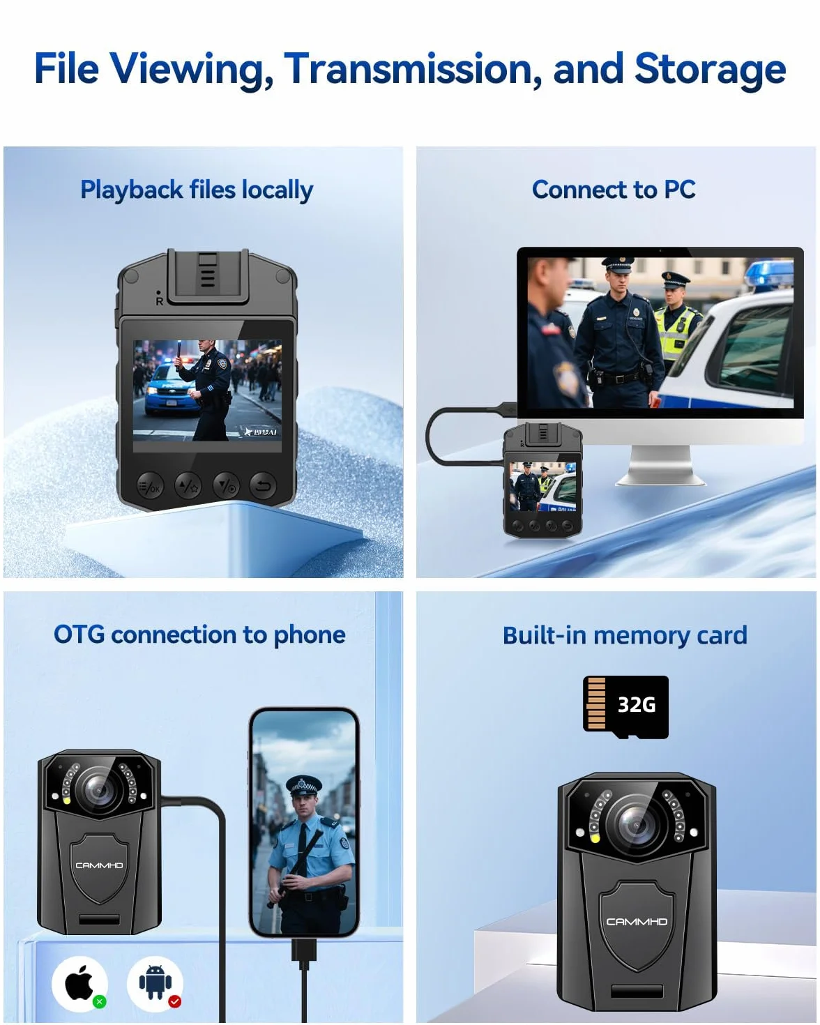CAMMHD Z3-32G Bodycam Polizia 1440P Grandangolo 130° Body Cam Impermeabile 8-10 Ore 3000mAh Scheda Esterna Visione Notturna Adatta per le Forze dell'ordine di Sport all'aria Aperta