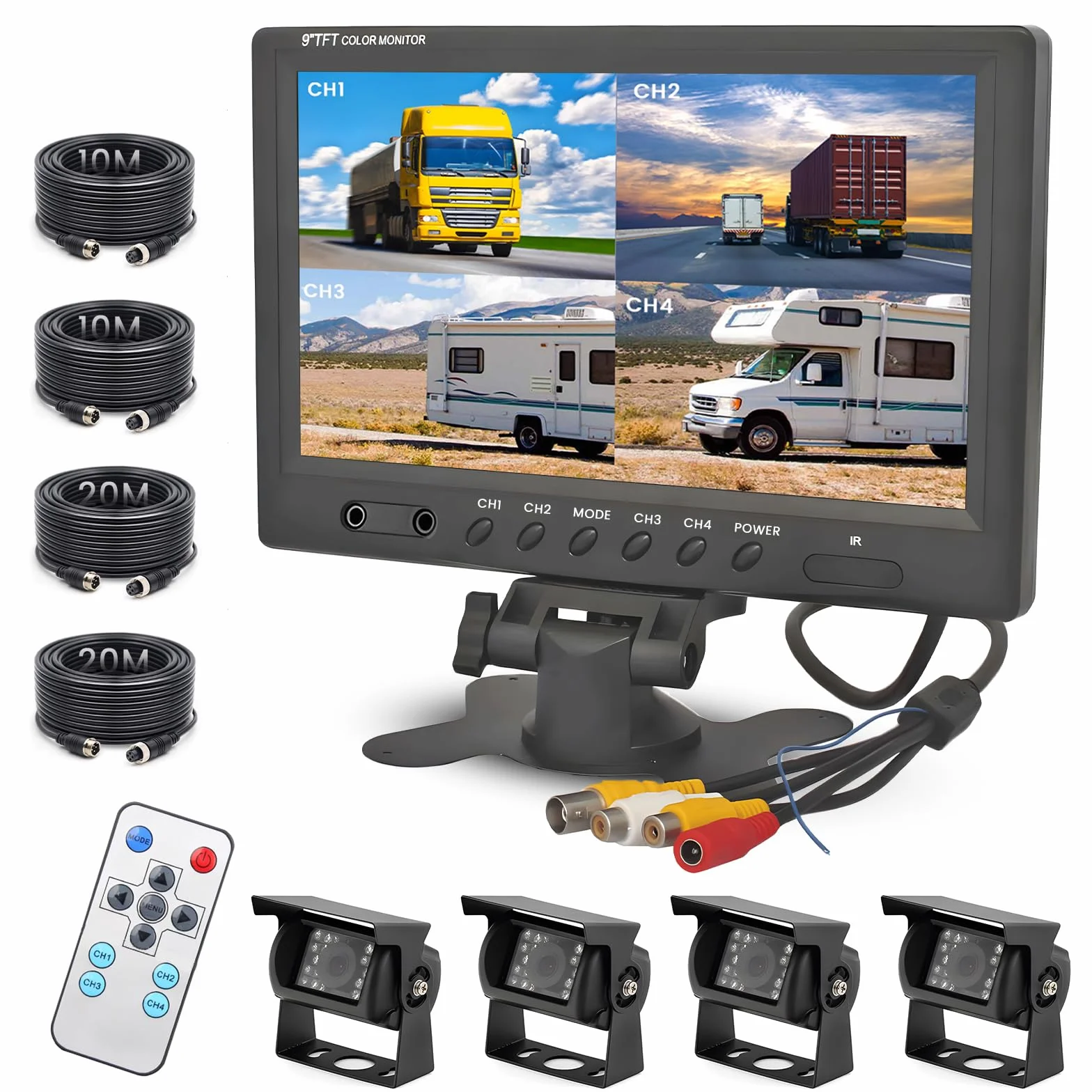 Telecamera di Retromarcia 4 Telecamere Set, 9'' Telecamera Posteriore Impermeabile Notturna Monitor con 2x10m + 2x20m Cavo per Camion/Rimorchio/Bus/Van 12-24V