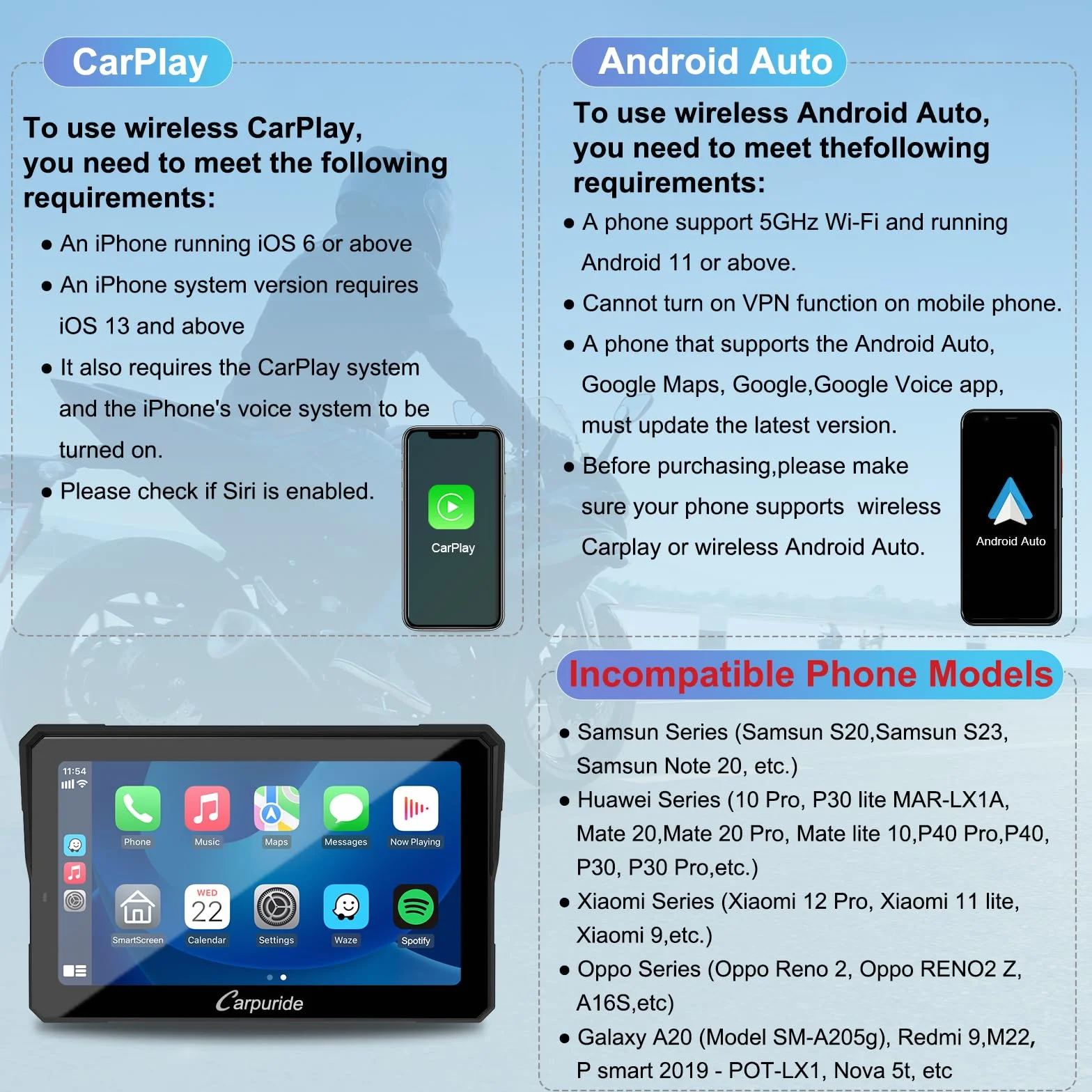 Carpuride W702 Pro Moto Carplay Schermo con Interfono Funzione, Senza Fili CarPlay e Android Auto, Portatile da 7 Pollici Impermeabile Touchscreen, Aggiornato Doppio Bluetooth, Navigazione, Bussola.
