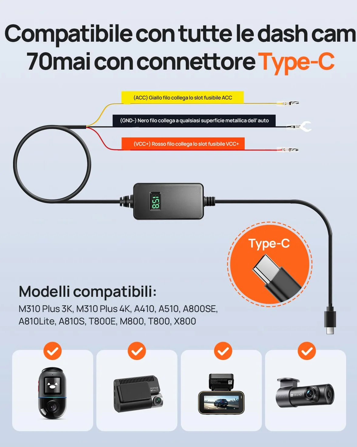 70mai UP06 Hardwire Kit Regolabile, USB-C, Protezione Bassa Tensione 3 Livelli Compatibile con M310, A410, A510, A810S, A800SE, 4K Omni, T800, T800E, Monitoraggio Parcheggio 24h, Display Voltaggio
