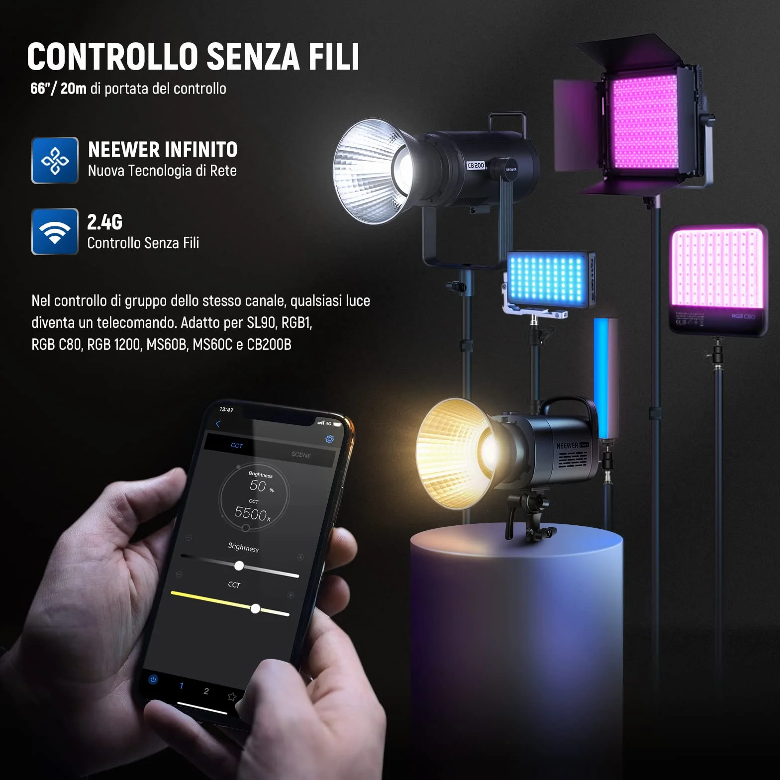 NEEWER CB60B 70W Luce Video LED con Controllo 2,4G/APP COB Bicolore Illuminazione Video Continua Attacco Bowens 2700K-6500K 34000Lux@1m/Modalità CCT/CRI97+/12 Scene per Studio Registrazione Fotografia