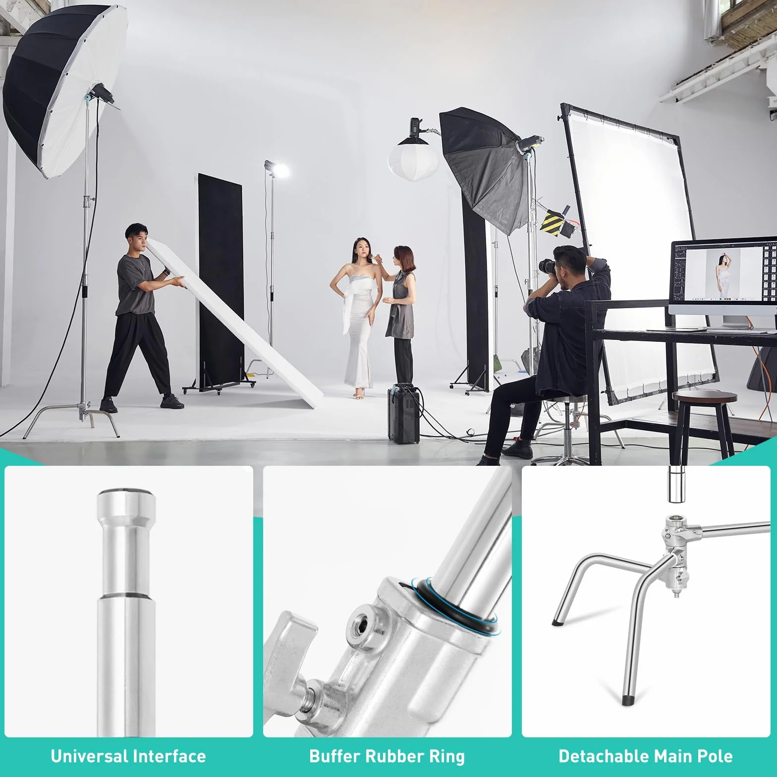 C Stand 100% Acciaio Inossidabile per Carichi Pesanti con Braccio a Braccio,Altezza Max 330cm Supporto C Regolabile Supporto per Lampada con Braccio di Sostegno da 127cm,2 Teste con Maniglia