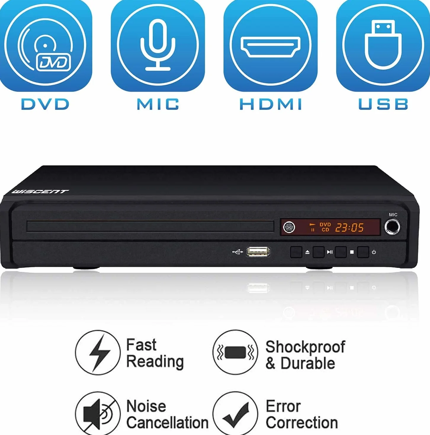 WISCENT Lettore DVD compatto multi-regione, MP3, Mpeg4, USB, HDMI, AV, CD per uso domestico