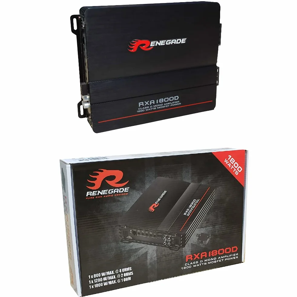 1 amplificatore RENEGADE RXA1800D RXA 1800 D monofonico classe d 1 canale 900 watt rms stabile a 1 ohm 1800 watt max bass boost spl auto nero, 1 pezzo