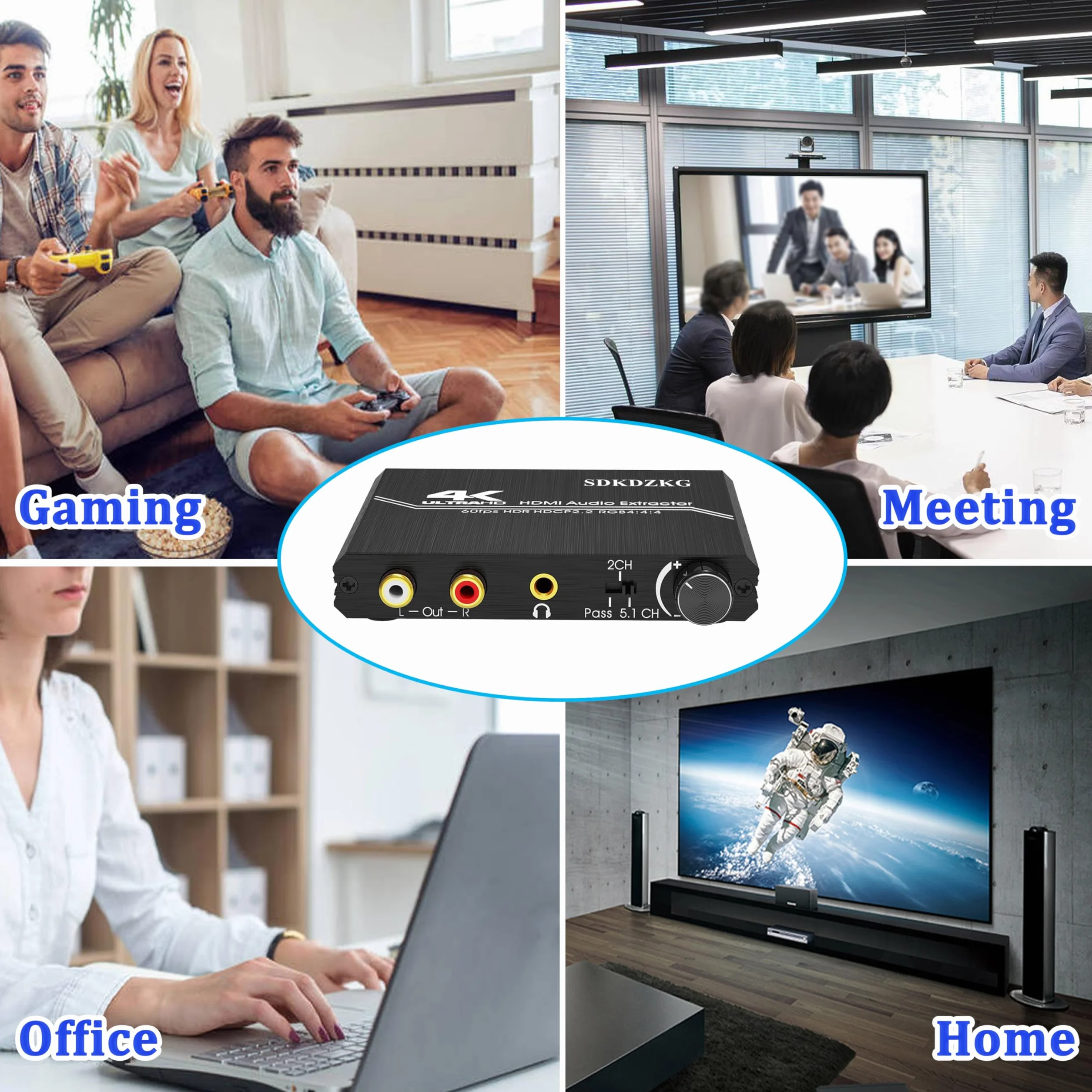 HDMI 2.0 Estrattore Audio, HDMI + Toslink Ottico SPDIF +3.5mm Stereo+RCA L/R Uscita Audio Convertitore con Controllo Volume Supporto 4k@60hz HDCP 2.2 HDR 3D YUV 4:4:4, per PS5/4 Blu-ray