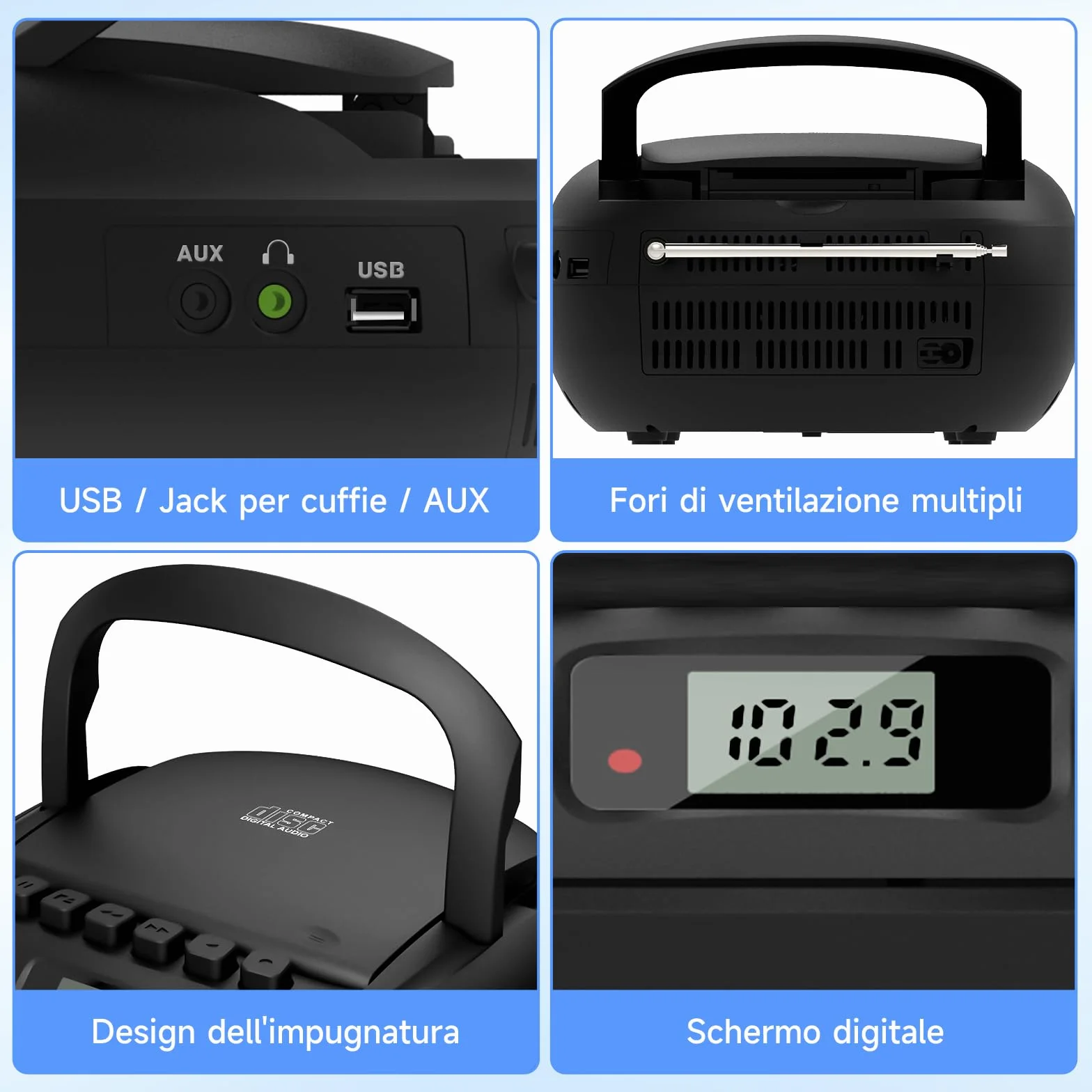 Lettore CD Radio Portatile, CD Player FM/AM con Jack per Cuffie, Stereo Cassa Bluetooth, lettore CD a Cassette con Ingresso Audio USB/AUX, Display LCD per Casa, Regalo (Nero)