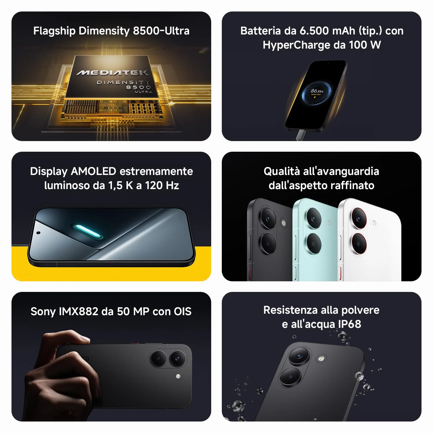 POCO X8 Pro, Smartphone 12+512GB, Dimensity 8500-Ultra, Batteria 6500mAh (typ), Display AMOLED ultra luminoso, Fotocamera 50MP con OIS, Nero, Garanzia 2 anni+1 anno extra, Caricatore non incluso