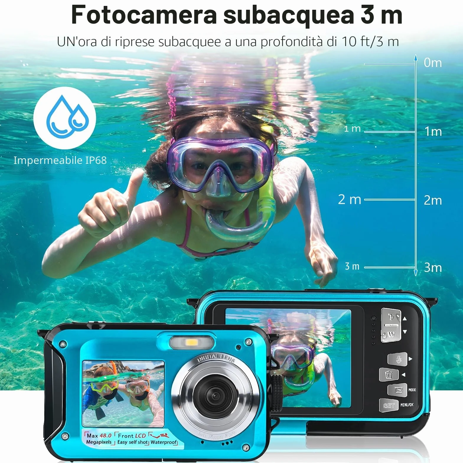 Macchina Fotografica Subcquea, Comius Sharp Fotocamera Subacquea Digitale 10FT 30MP Photo FHD Video 16X Digital Zoom con Scheda di Memoria da 32G per Selfie Subacquei, Nuoto, Immersione