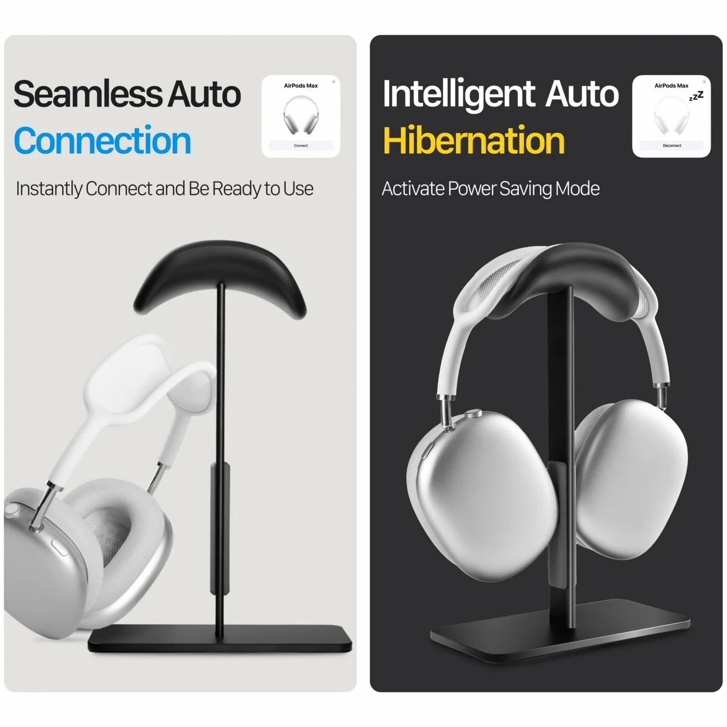 Stand per AirPods Max con Modalità Sleep, Supporto cuffie da scrivania in Alluminio, Base antiscivolo, Superficie antigraffio, Compatibile con altre cuffie (Nero)