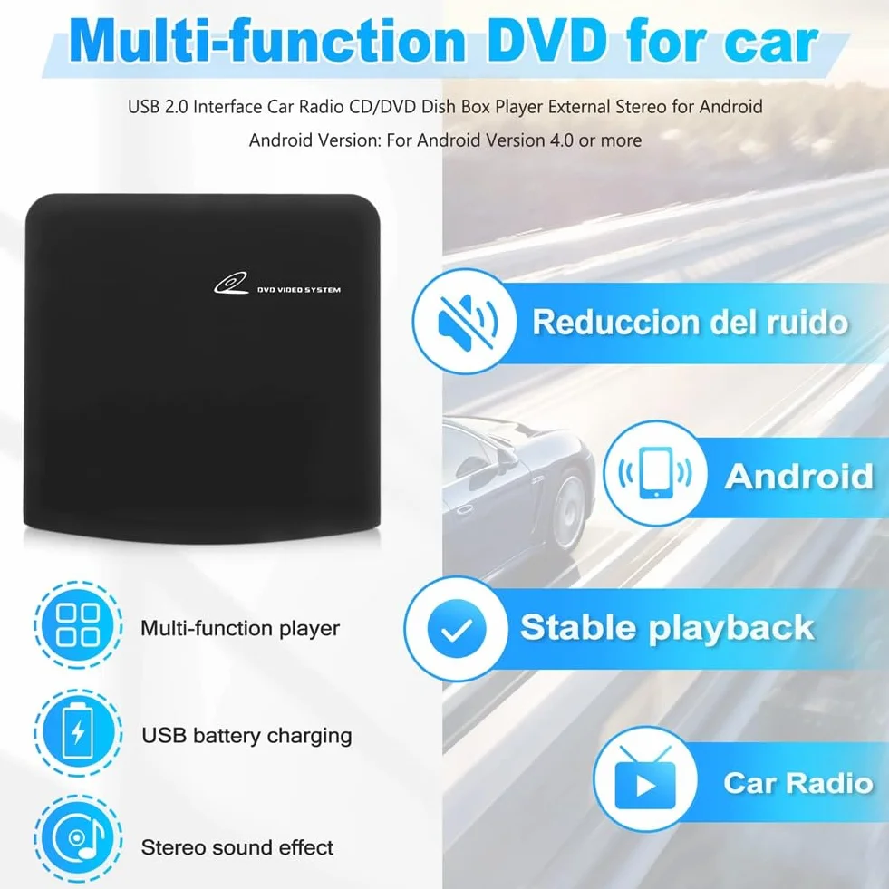 Lettore CD Esterno Universale Portatile per Auto, Può Essere Collegato Alla Presa USB in Auto, Laptop o Televisore, per Navigazione con Android 4.0 e