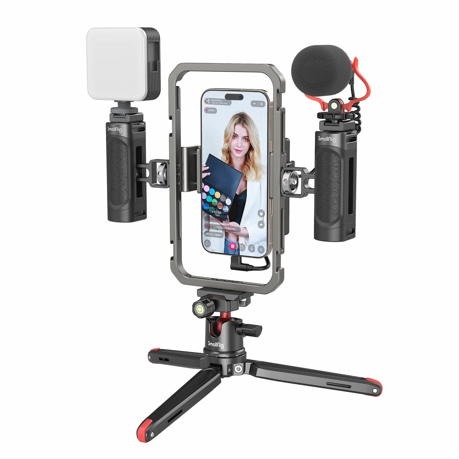 SMALLRIG Universal Phone Video Rig Kit per iPhone, Smartphone e Fotocamere, Stabilizzatore per Telefono con Treppiede Microfono Luce LED Maniglia Laterale Power Bank Holderm - 3384C