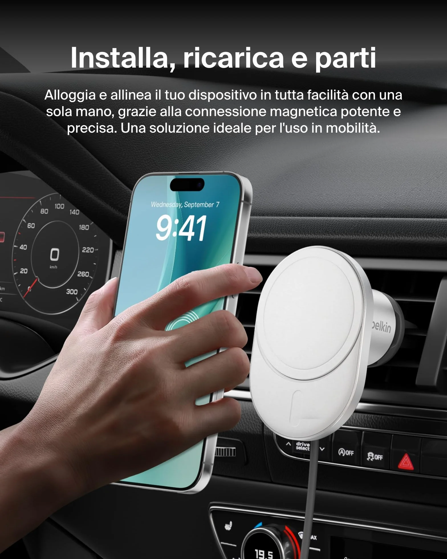 Belkin BoostCharge Pro Caricabatteria da Auto Wireless Magnetico con Qi2 da 15W, Caricatore Compatibile con MagSafe per iPhone 17, Air, Pixelsnap, 16, Cavo e alimentatore USB-C da 20W incluso
