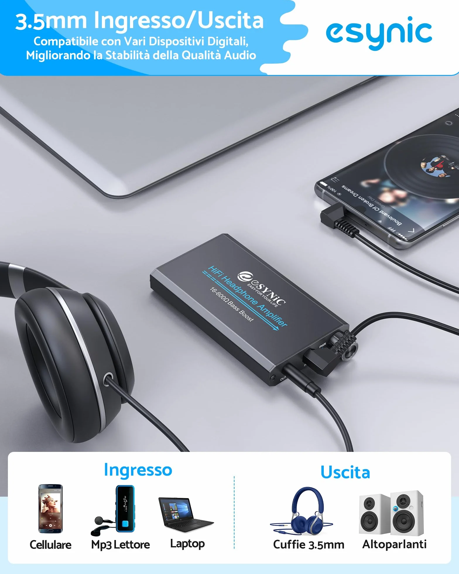 eSynic 16-600Ω Amplificatore per Cuffie Professionale con Jack 3.5mm, Ricaricabile Type-C, Lega Alluminio