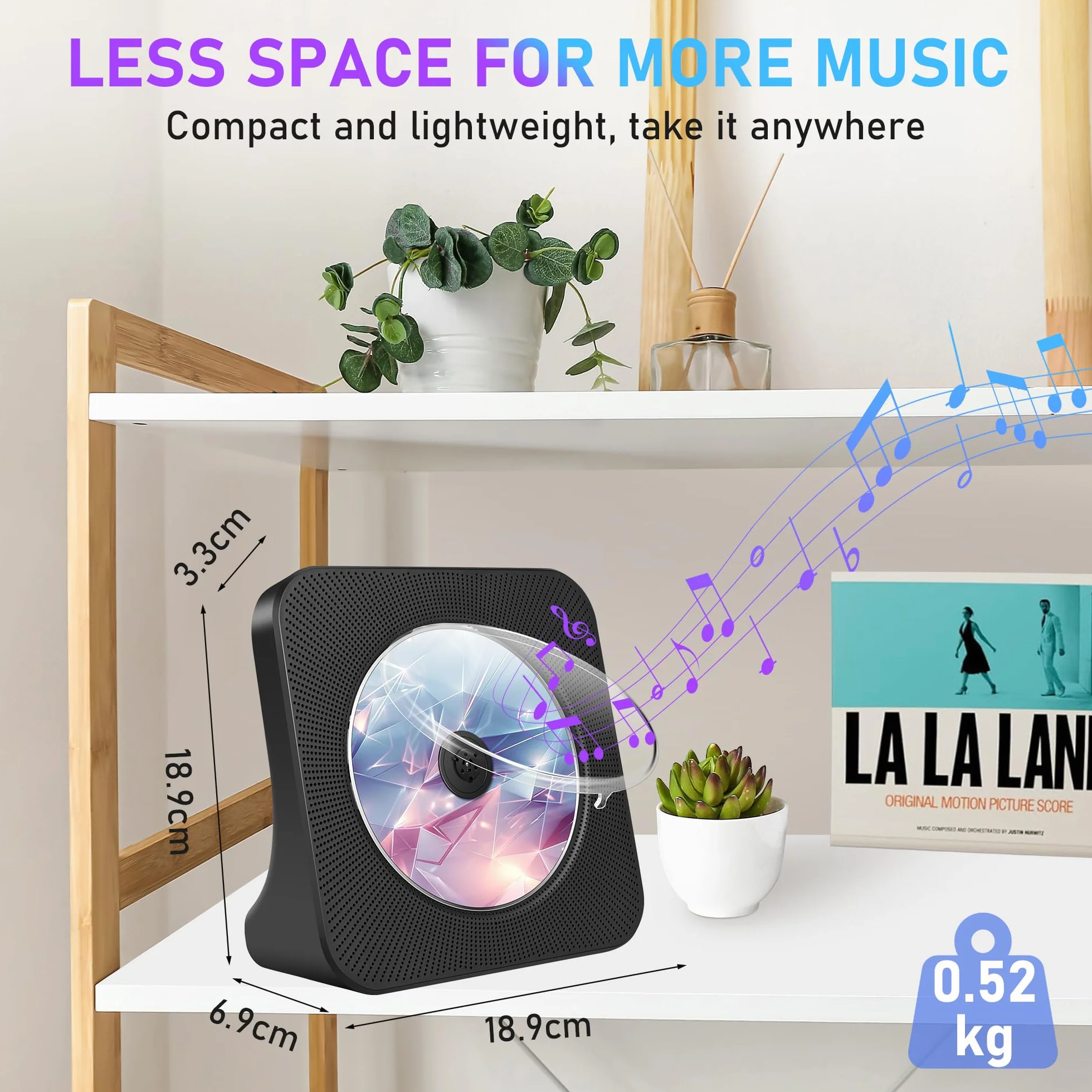 Lettore CD portatile con Bluetooth 5.0, lettore CD domestico con doppi altoparlanti stereo integrati, lettore musicale portatile per auto con Audio Boombox/AUX/USB