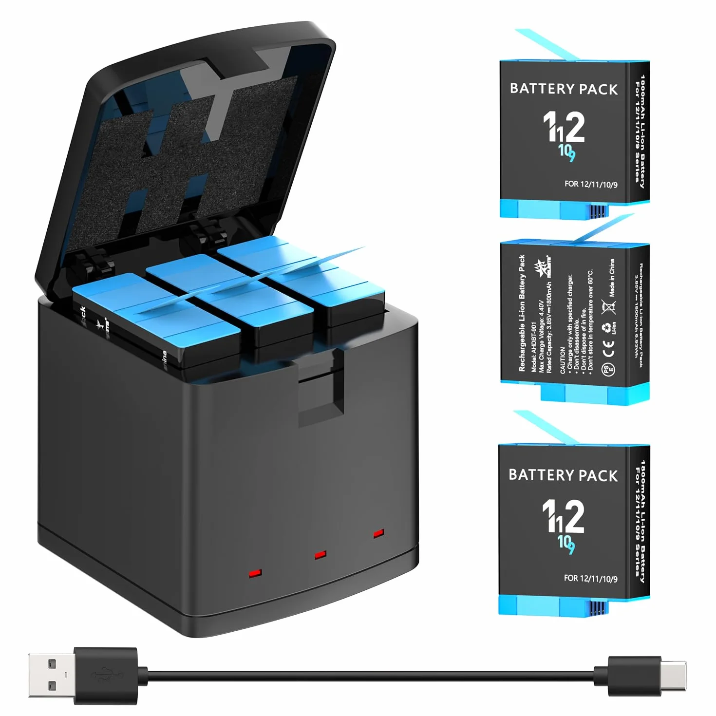 melasta per GoPro Hero 12/11/10/9 Series Batteria Fotocamera, Tre batterie ricaricabili da 1800 mAh, caricatore e custodia di ricarica (3 Batteria + 1 Caricatore)