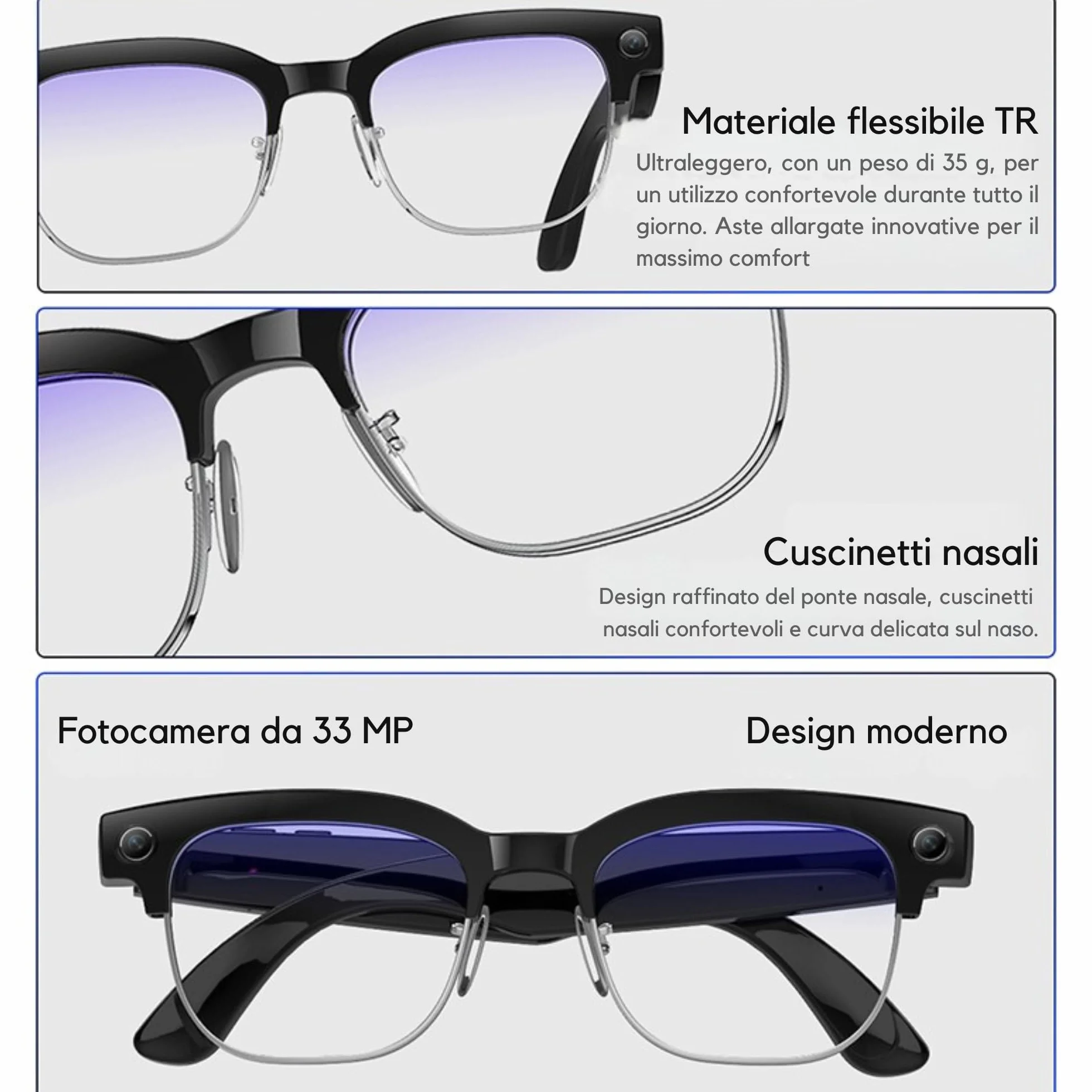 smartia – Occhiali Intelligenti con Fotocamera, Modello 2026, App in Italiano, Occhiali Bluetooth Suono Hi-Fi, IA GPT 5 integrata da Voice, Glasses Fotocromatici, Fotocamera da 33 MP 4K