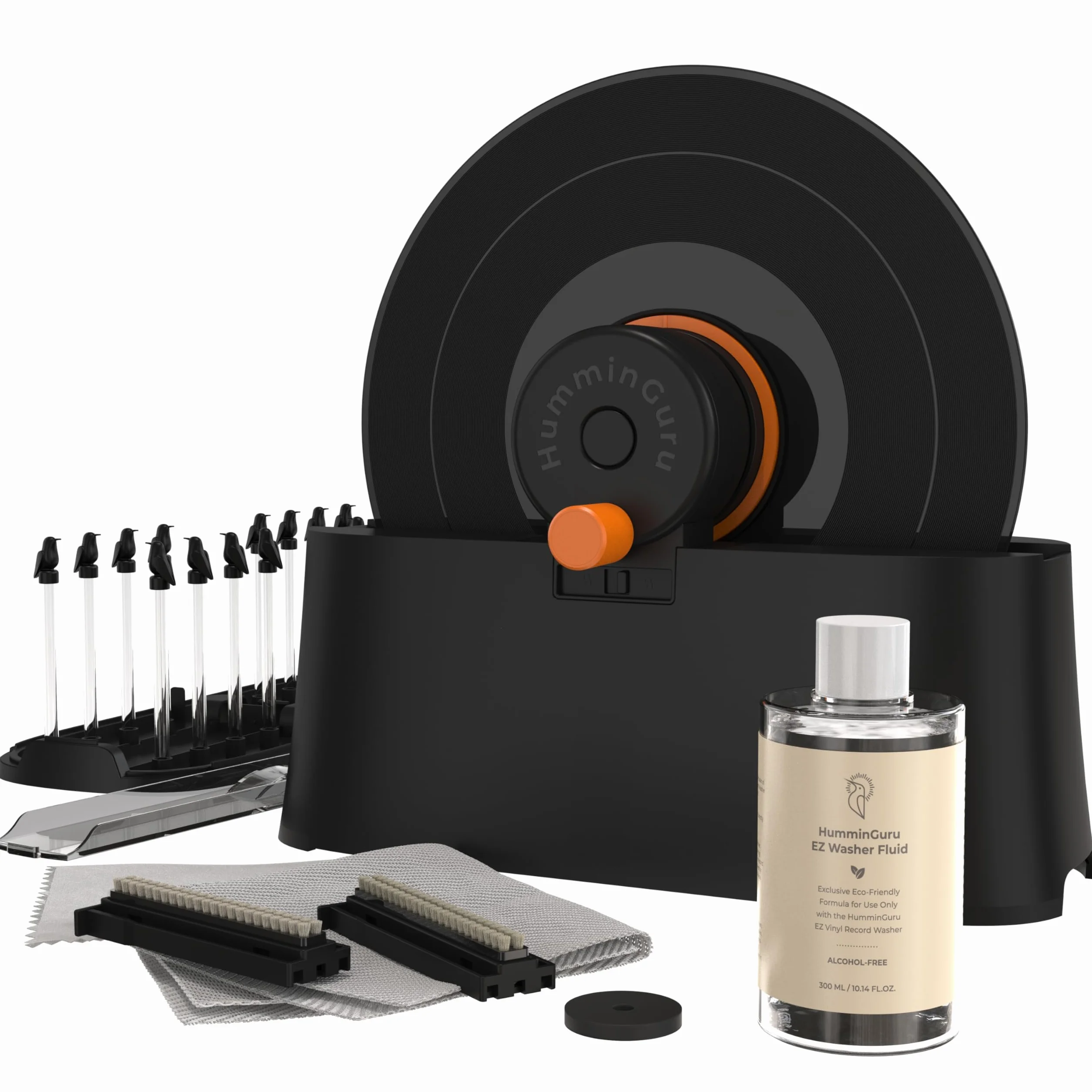 HumminGuru EZ Lavatrice per Dischi, Macchina Manuale per la Pulizia dei Dischi in Vinile con Rotazione Senza Sforzo LP e Morsetto Sicuro, Kit di Pulizia con Spazzole di Capra,Liquido,Stendino e Panno