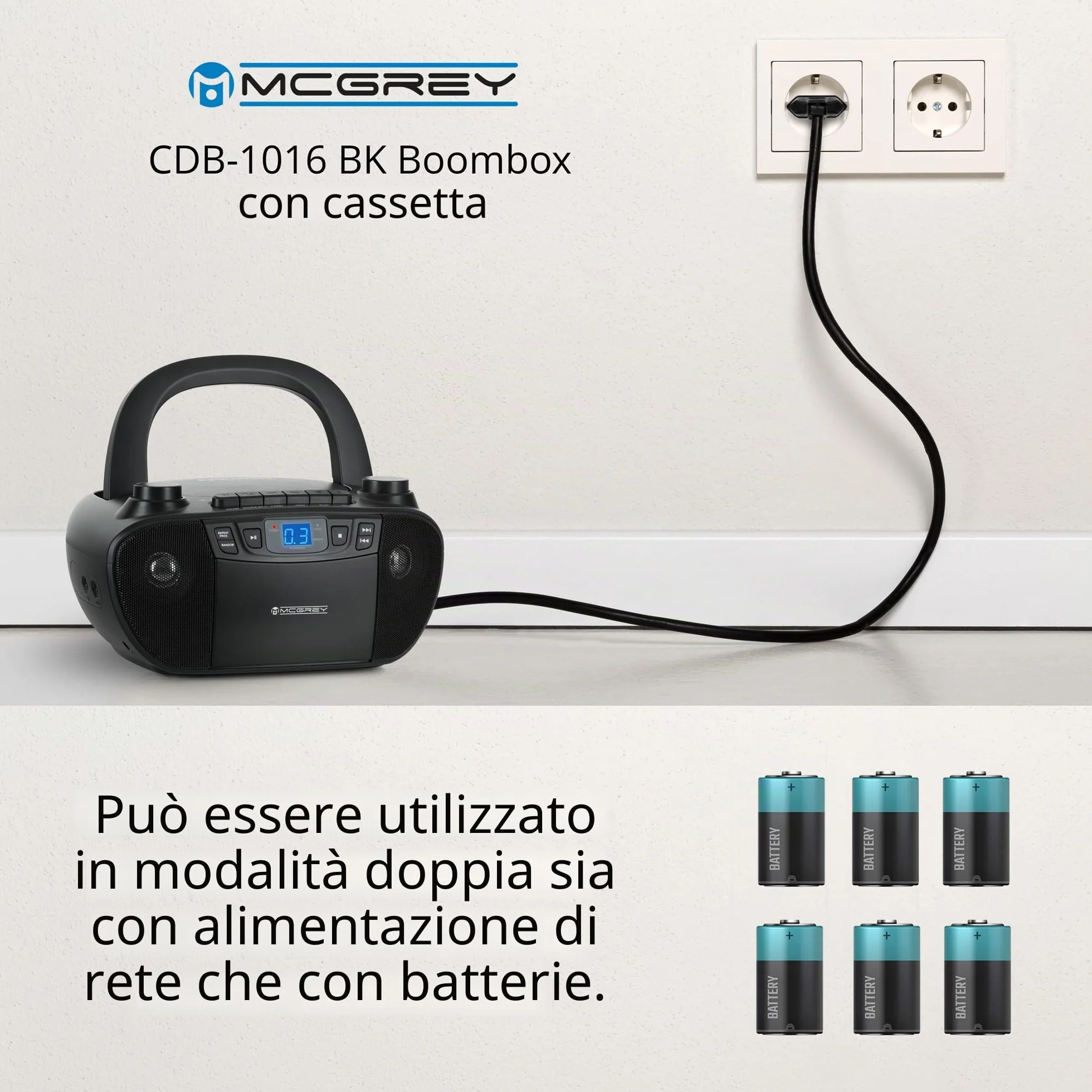 CDB-1016 BK Boombox con cassetta, lettore CD, radio portatile, registratore con ingresso AUX e uscita cuffie - Funzionamento tramite cavo o 6 batterie