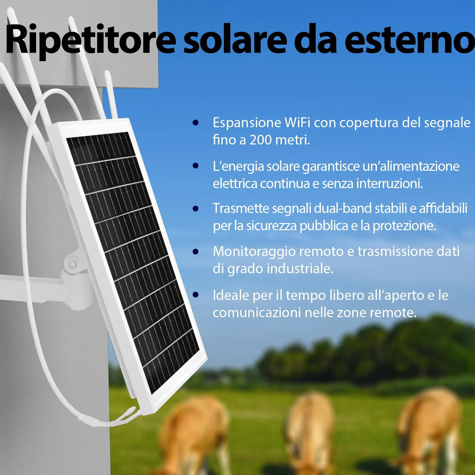 Amplificatore di segnale WiFi a batteria solare per esterni, Internet 2.4G WiFi Extender Booster a lungo raggio fino a 300 piedi, Ripetetore WiFi solare per giardino, fattoria e ranch