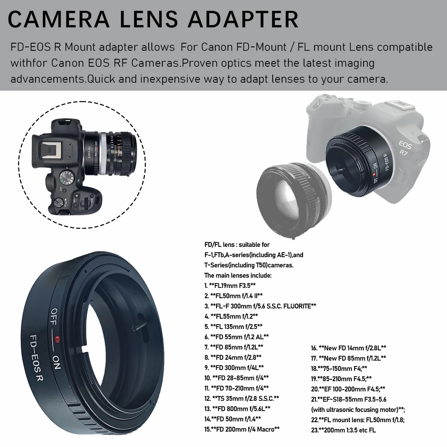 Anello adattatore obiettivo FD-EOS R,per FD/FL compatibile con EF RF RP.