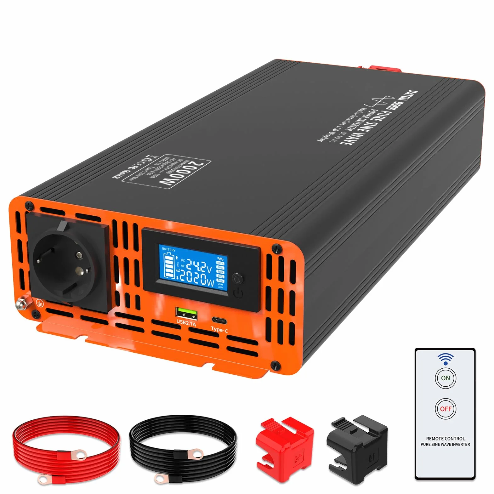 DATOUBOSS Inverter 24v 220v/230v Onda Pura 2000W/4000W, Inverter Onda Pura 2000W, Convertitore 24v 220v 2000w con LCD Display & Type-C e 1 presa AC e 1 Porta USB per Auto,Camion, Camper