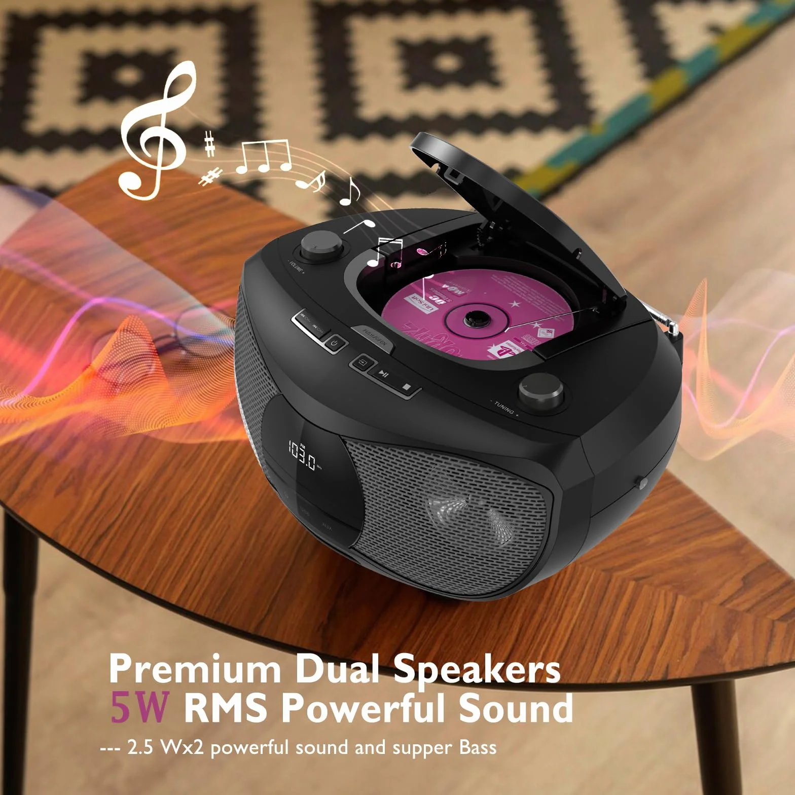 LONPOO Stereo Lettore CD portatile Bluetooth Boombox Connettività Radio FM, USB, AUX, Uscita cuffie, 5W RMS HiFi Altoparlanti (LP-D12)