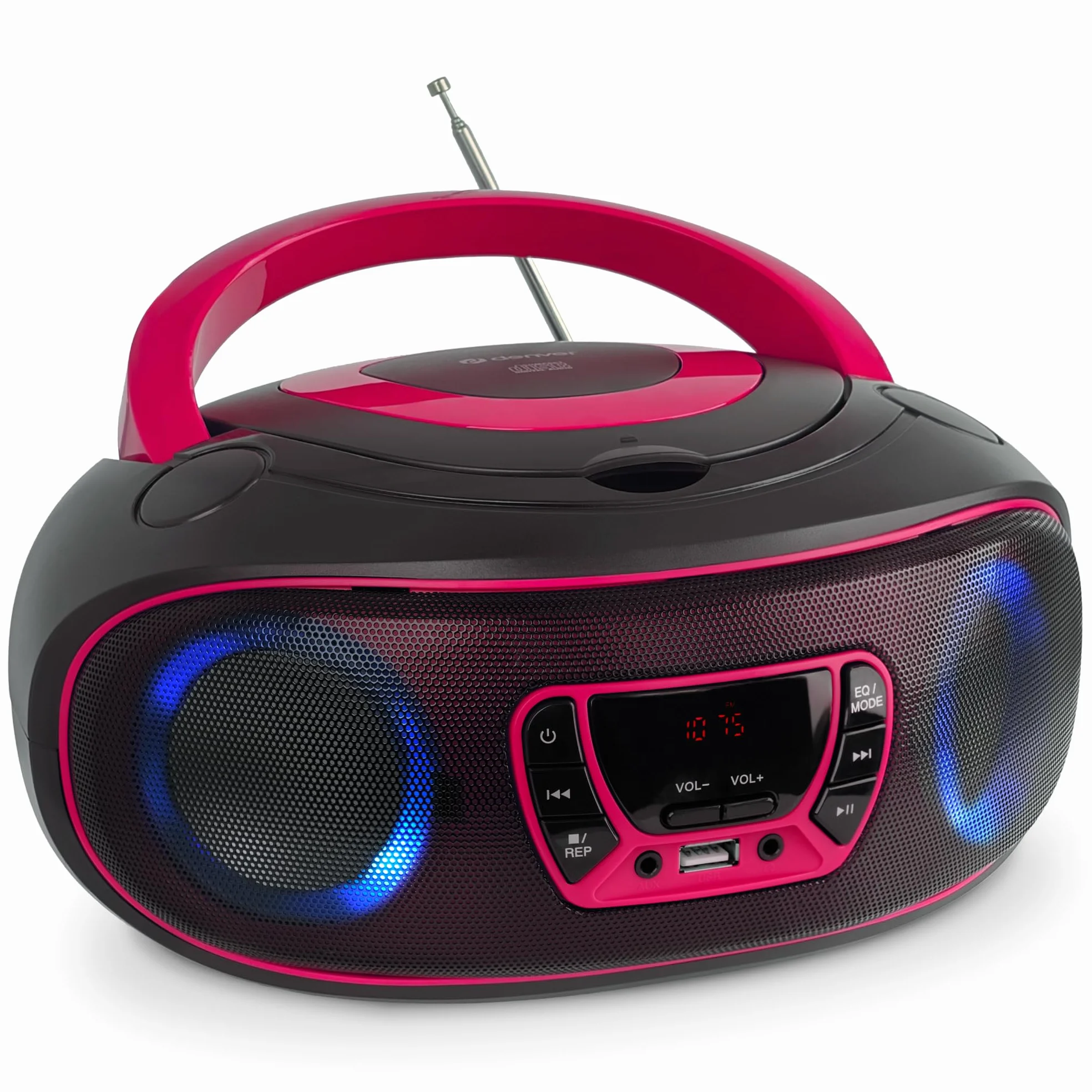 Lettore CD Portatile con Bluetooth Denver TCL-212BT Rosa. Boombox. FM Radio. Volume 2x2W. Ingresso USB, AUX e per Cuffie. Effetto luci.