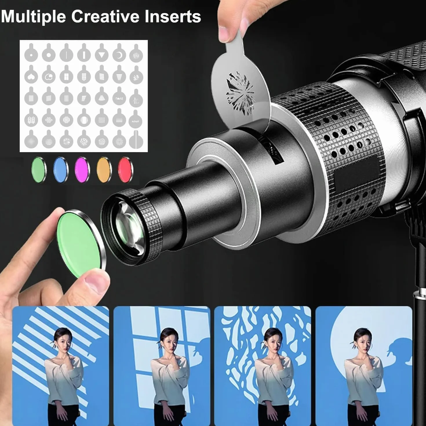 Snoot Bowens - Supporto per proiettore con 35 gobos e 5 filtri a colori, accessorio per luce video per NEEWER CB60B CB200B, Aputure Amaran 60XS 100X/D 200D/X, Godox SL60 SL60W