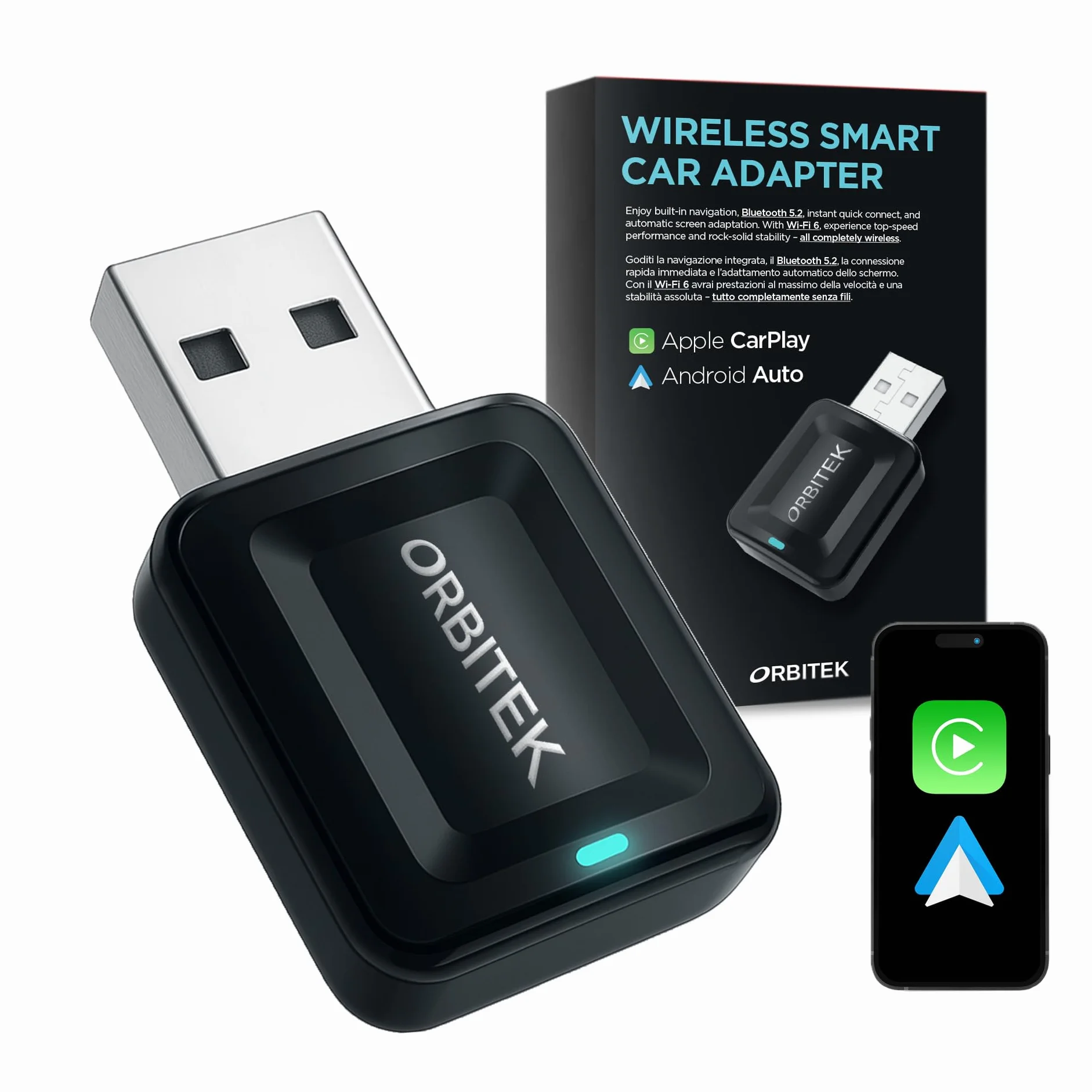 Adattatore Wireless CarPlay Ultra Veloce Compatto 2 in 1| Compatibile con iOS e Android Oltre 800 Modelli Auto | Connessione Ultra Stabile Bluetooth/Wi-Fi | Plug & Play |Adattatore USB/Type-C
