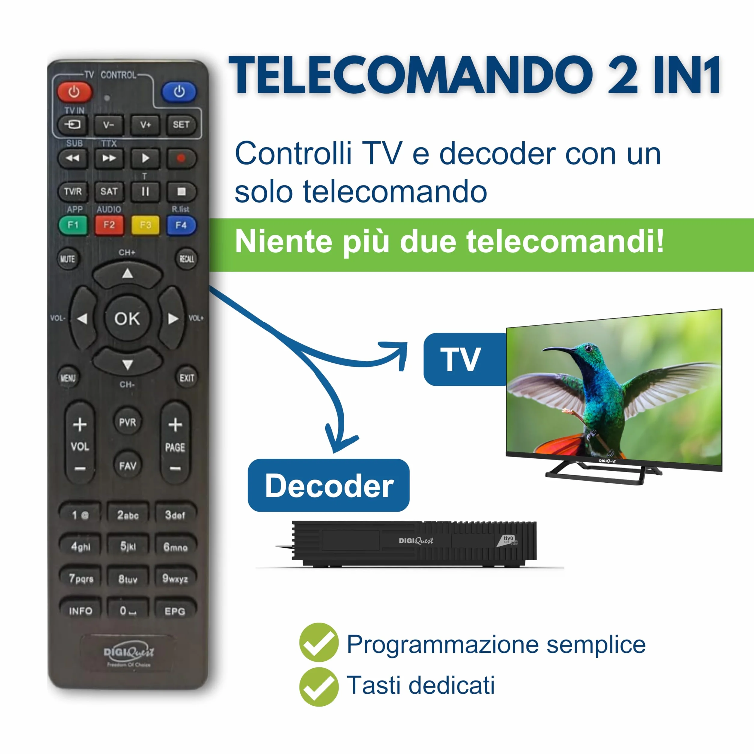DIGIQUEST Decoder Tivùsat Ti9 con Smartcard Inclusa | Collega e guarda subito | Facile da installare | Telecomando 2in1 | Funzione di registrazione attivabile | DVB-S2 | HDR10/ HLG | Merlin